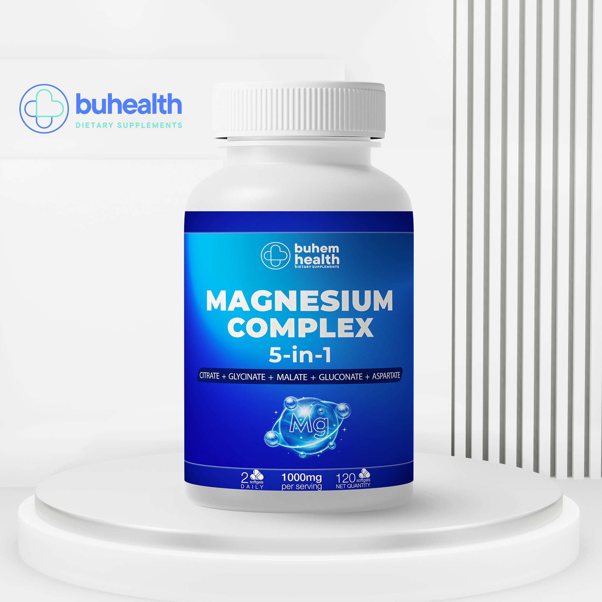 BUHEALTH Magnesium Complex with powerful blend of Magnesium Glycinate, Malate, Citrate, Gluconate, and Aspartate 5-in-1, 1000mg Serving, 120 Capsules