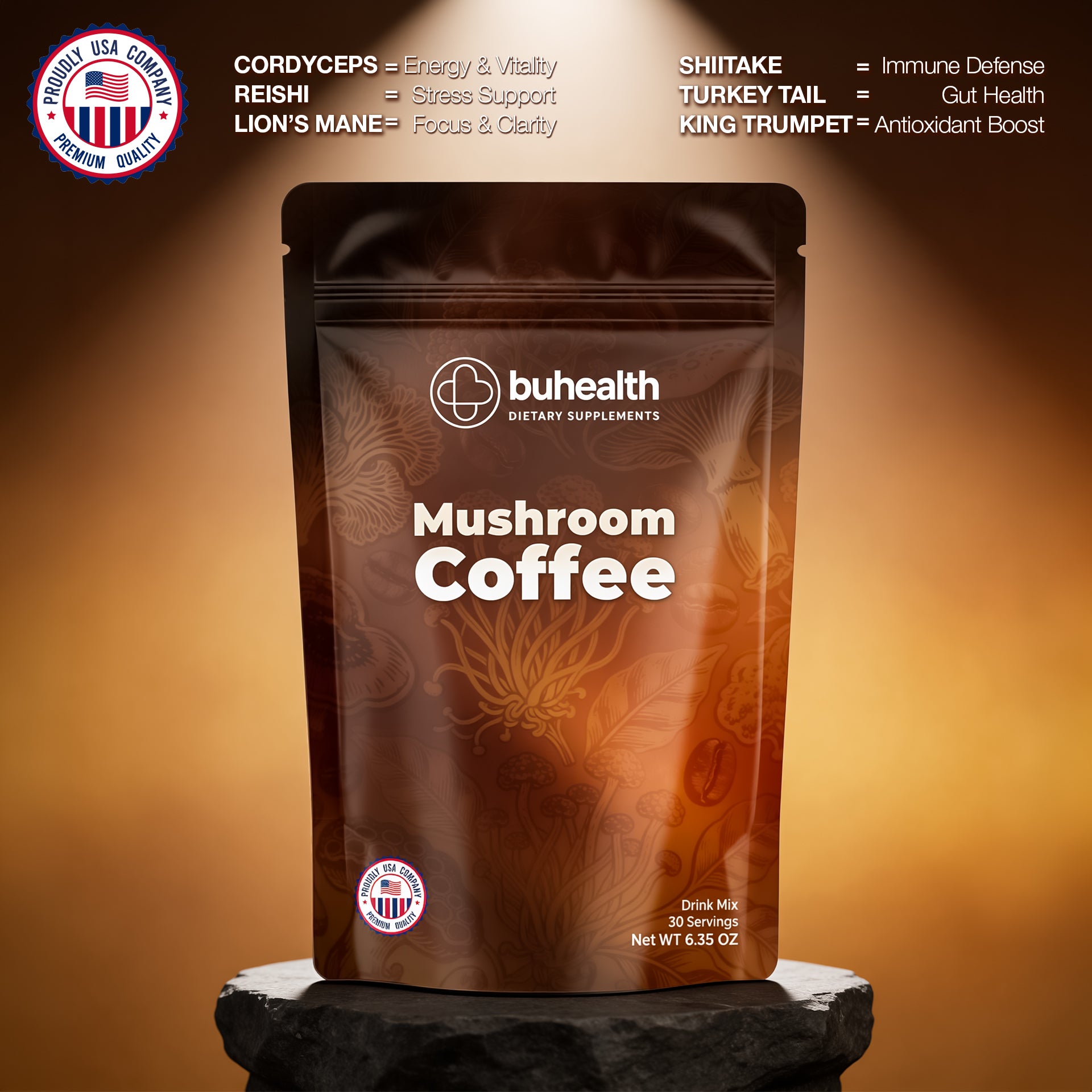 BuHealth Mushroom Medium Roast Coffee USDA Organic with 6 Adaptogenic Mushrooms, USA Grown Instant Coffee for Better Energy, Focus Digestion Immunity with Lions Mane & Turkey Tail 30 Servings