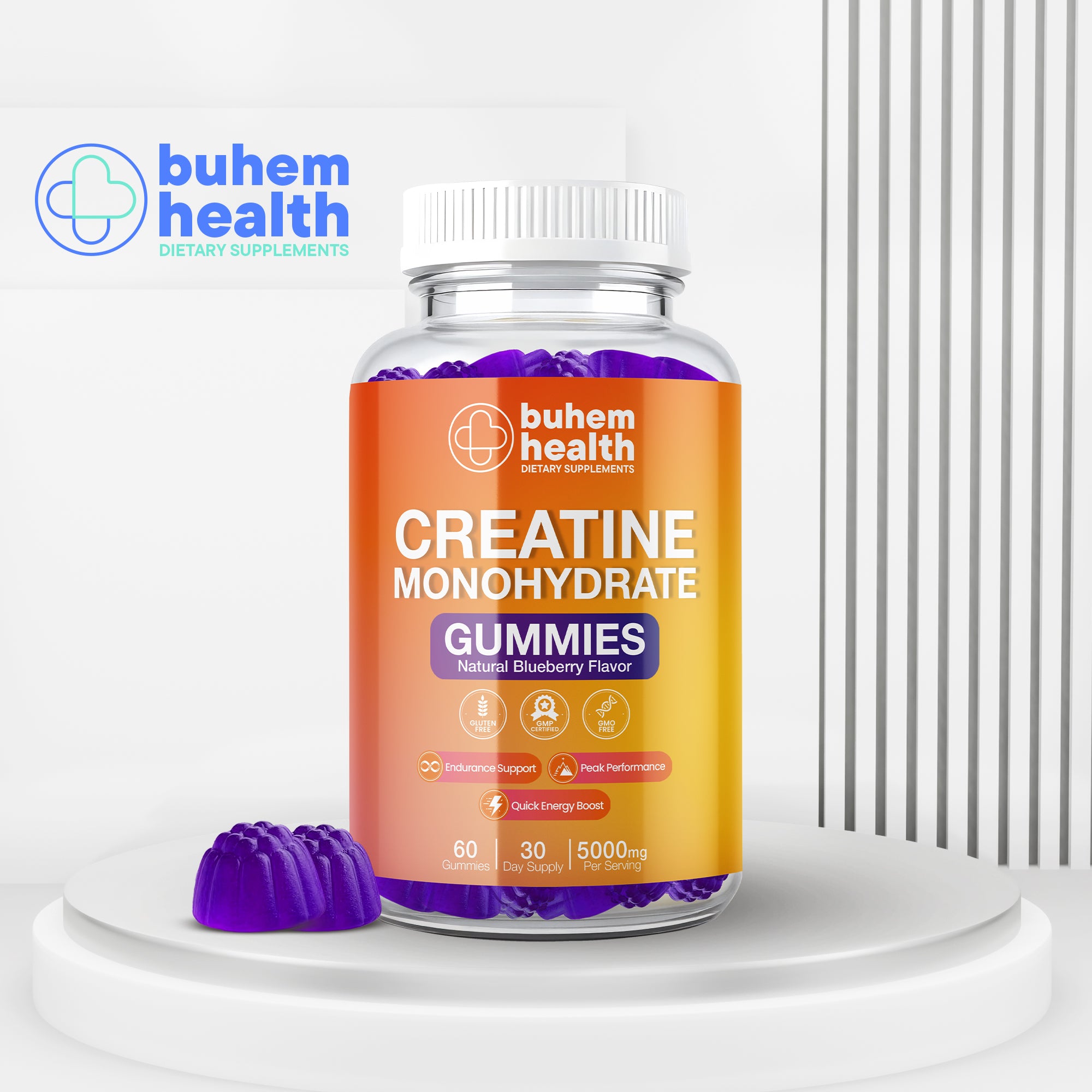 Buhem Health Creatine Monohydrate Gummies – Natural Blueberry Flavor | 5000mg Per Serving | 60 Gummies