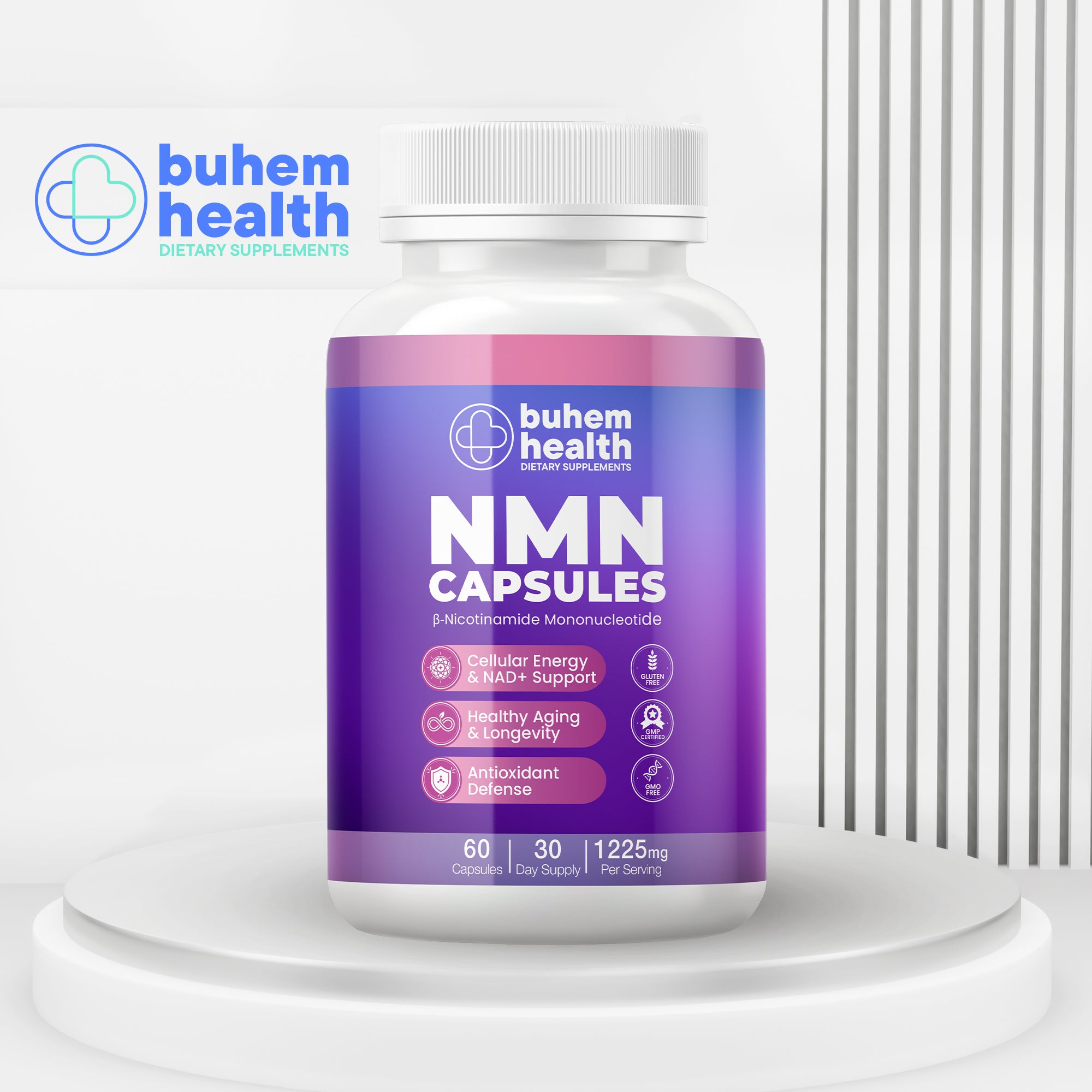 Buhem Health NMN Capsules with β-Nicotinamide Mononucleotide – 1225mg Per Serving | 60 Capsules | 30 Day Supply