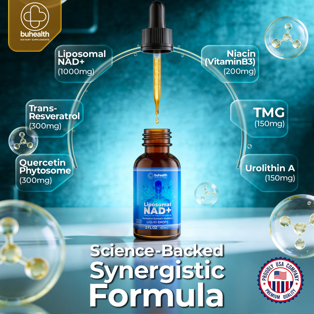 Buhealth Liposomal NAD+ Liquid Drops | Resveratrol, Quercetin & Urolithin A | 2 FL OZ (60ml) | Formaldehyde-Free, Alcohol-Free, Non-GMO