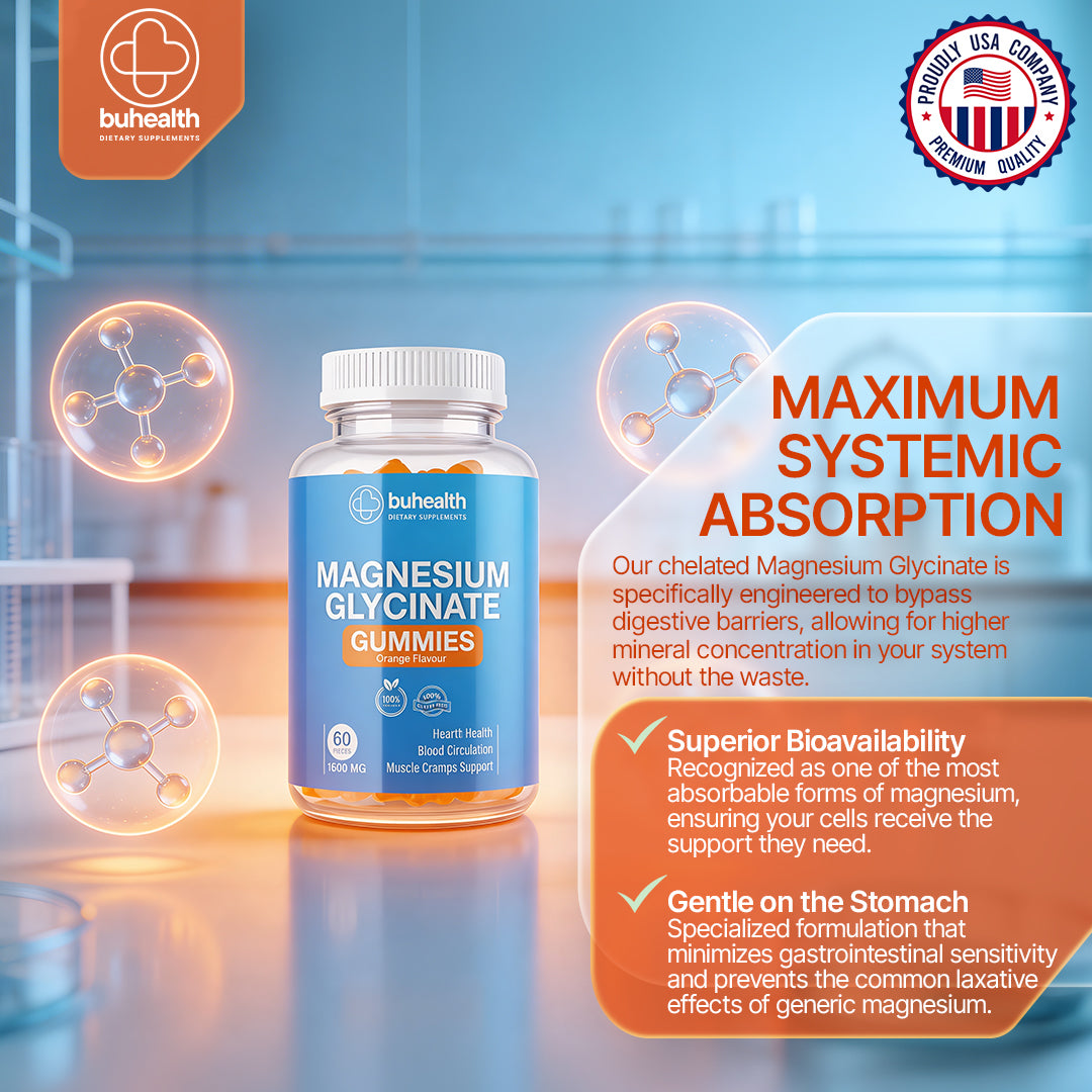 BUHEALTH Magnesium Glycinate Gummies – Orange Flavor, 1600mg