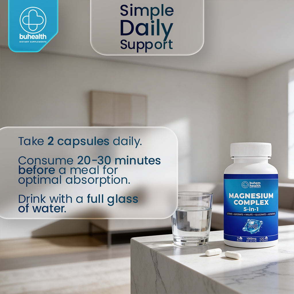 BUHEALTH Magnesium Complex with powerful blend of Magnesium Glycinate, Malate, Citrate, Gluconate, and Aspartate 5-in-1, 1000mg Serving, 120 Capsules
