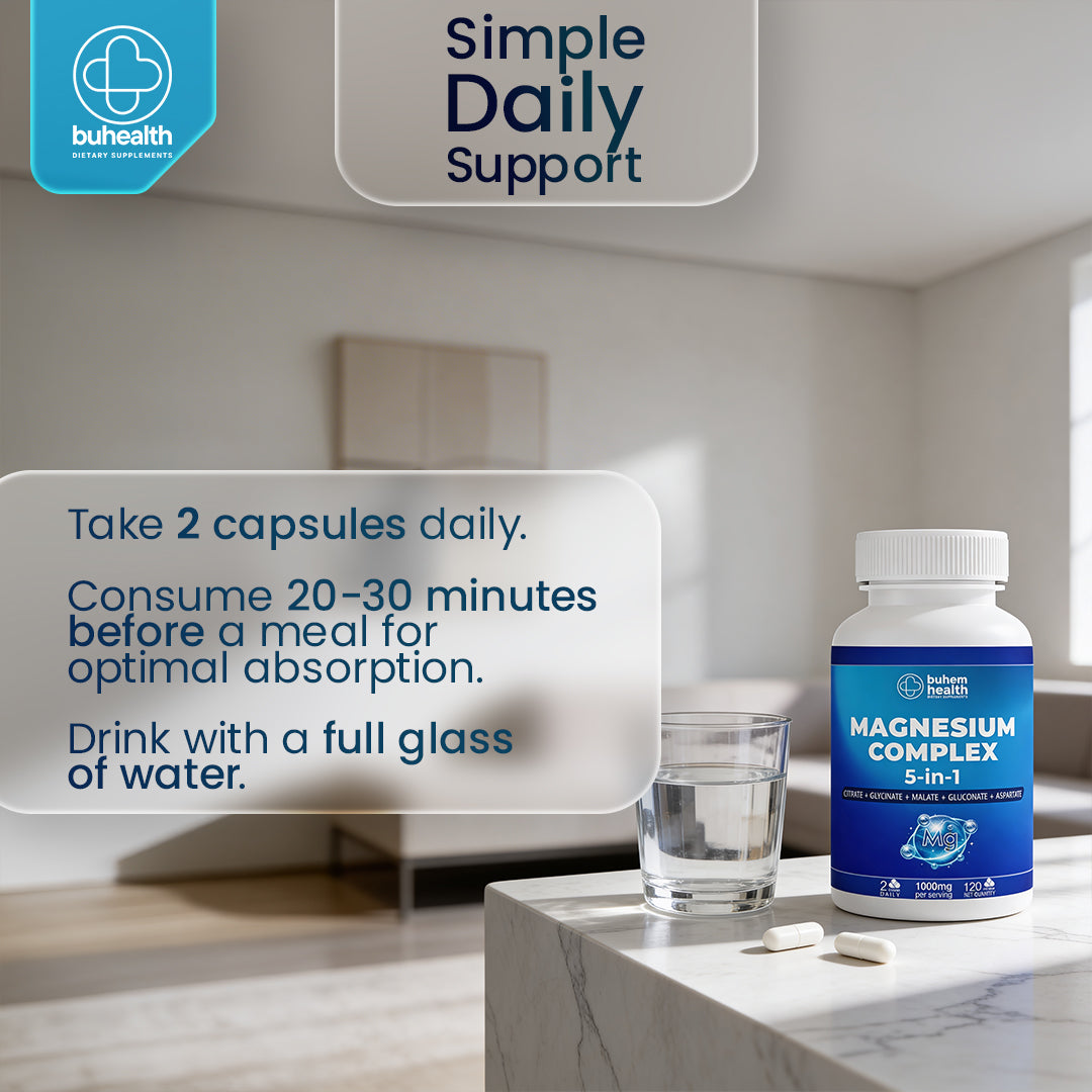 BUHEALTH Magnesium Complex with powerful blend of Magnesium Glycinate, Malate, Citrate, Gluconate, and Aspartate 5-in-1, 1000mg Serving, 120 Capsules