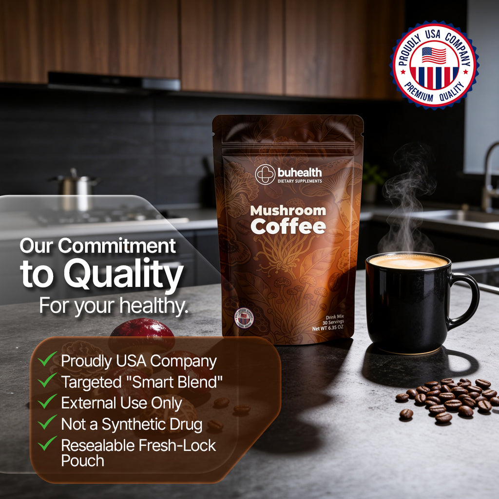 BuHealth Mushroom Medium Roast Coffee USDA Organic with 6 Adaptogenic Mushrooms, USA Grown Instant Coffee for Better Energy, Focus Digestion Immunity with Lions Mane & Turkey Tail 30 Servings