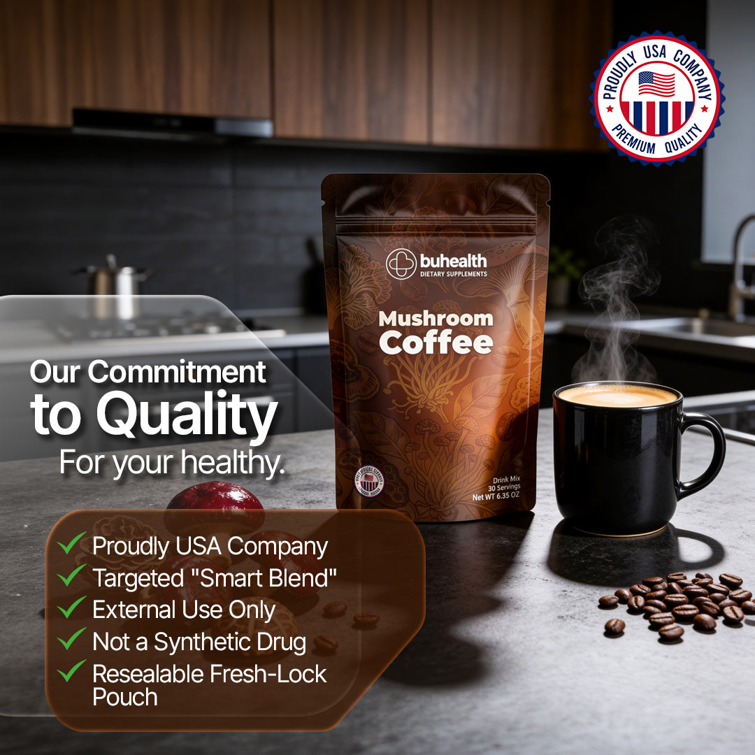 BuHealth Mushroom Medium Roast Coffee USDA Organic with 6 Adaptogenic Mushrooms, USA Grown Instant Coffee for Better Energy, Focus Digestion Immunity with Lions Mane & Turkey Tail 30 Servings