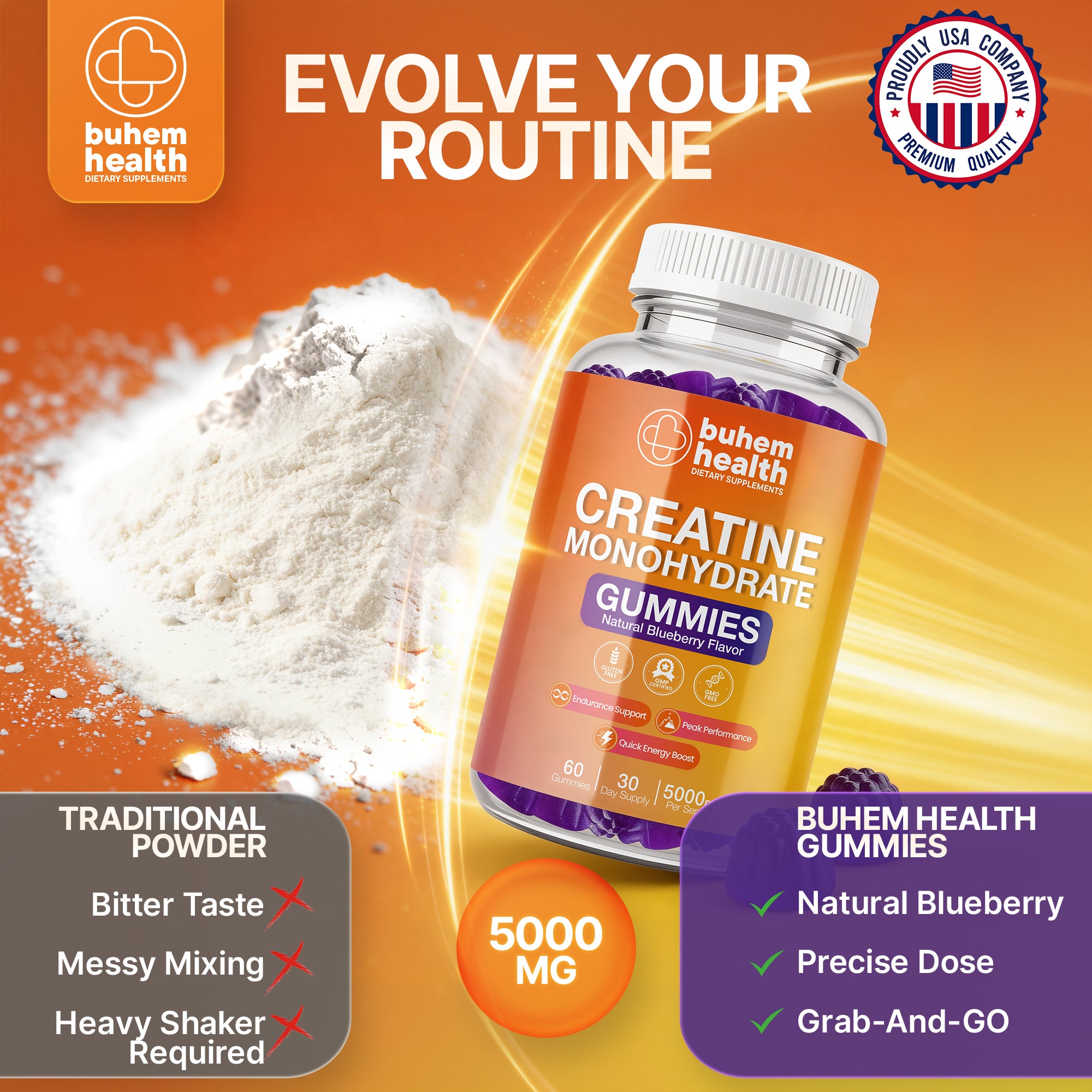 Buhem Health Creatine Monohydrate Gummies – Natural Blueberry Flavor | 5000mg Per Serving | 60 Gummies
