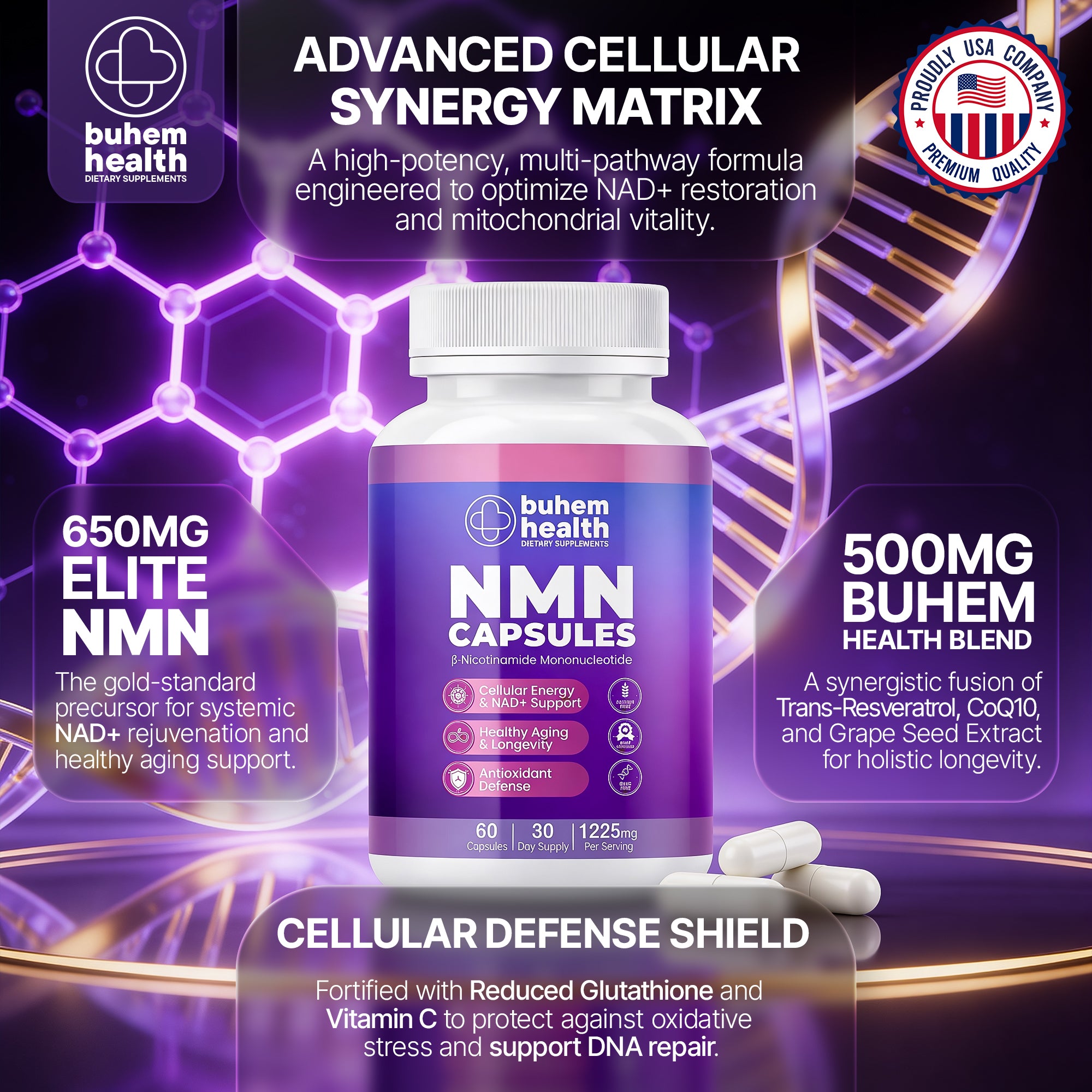 Buhem Health NMN Capsules with β-Nicotinamide Mononucleotide – 1225mg Per Serving | 60 Capsules | 30 Day Supply