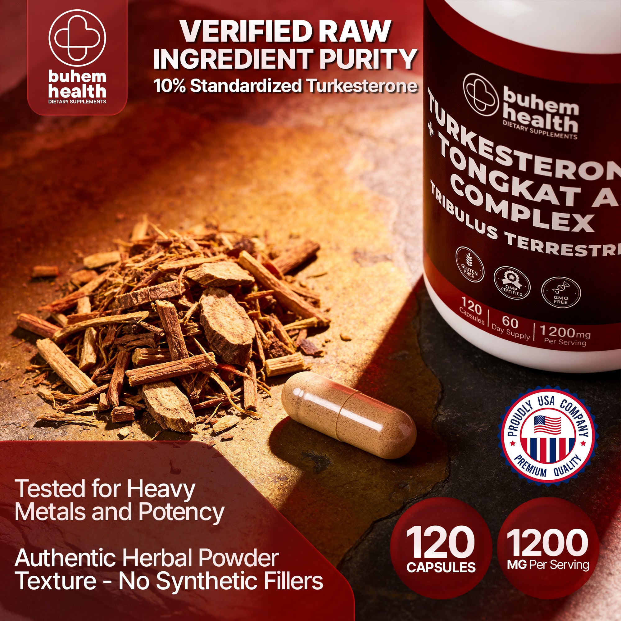 Buhem Health Turkesterone + Tongkat Ali Complex with Tribulus Terrestris – 120 Capsules | 1200mg Per Serving