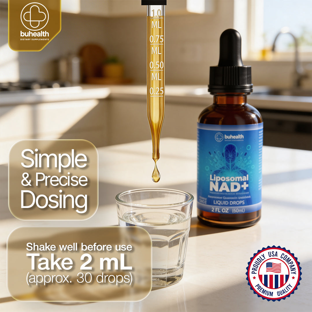 Buhealth Liposomal NAD+ Liquid Drops | Resveratrol, Quercetin & Urolithin A | 2 FL OZ (60ml) | Formaldehyde-Free, Alcohol-Free, Non-GMO