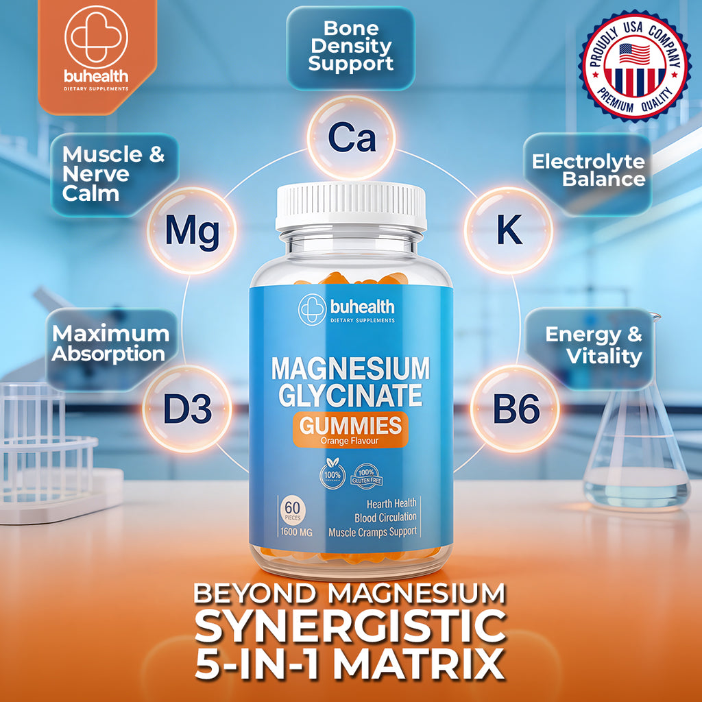 BUHEALTH Magnesium Glycinate Gummies – Orange Flavor, 1600mg