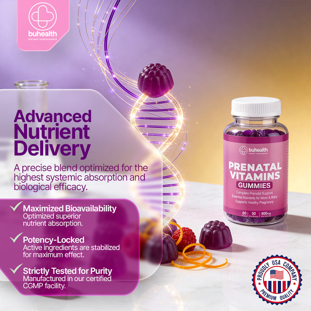 BUHEALTH Prenatal Vitamin Gummies – Complete Prenatal Support, Mom & Baby Wellness, 60 Count (30 Day Supply, 800 mg)