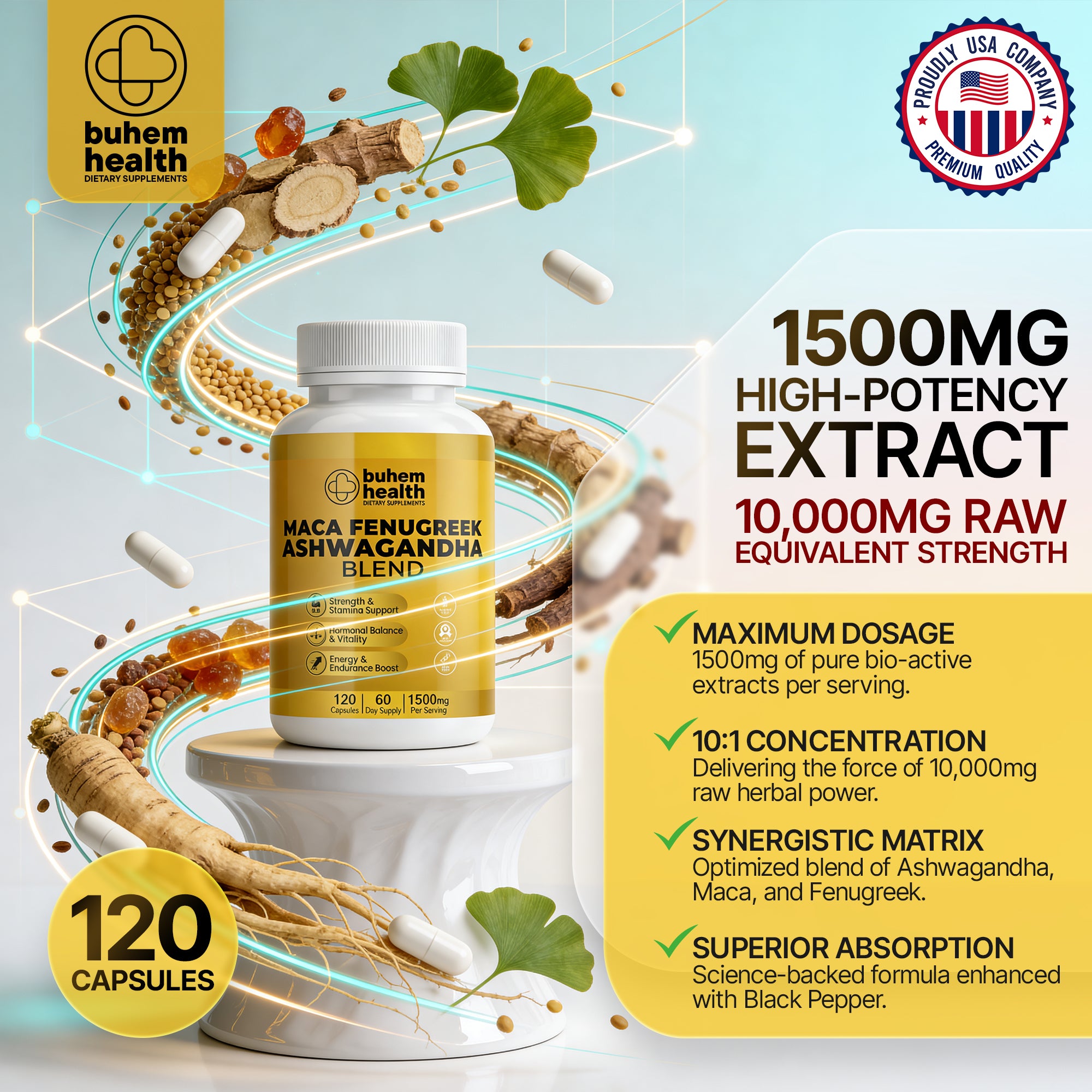 Buhem Health Maca Ashwagandha Blend - 120 Capsules