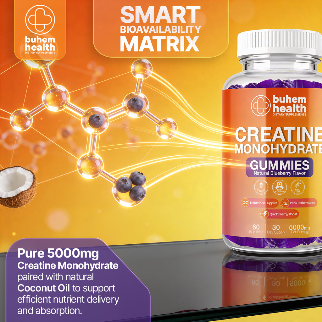 Buhem Health Creatine Monohydrate Gummies – Natural Blueberry Flavor | 5000mg Per Serving | 60 Gummies