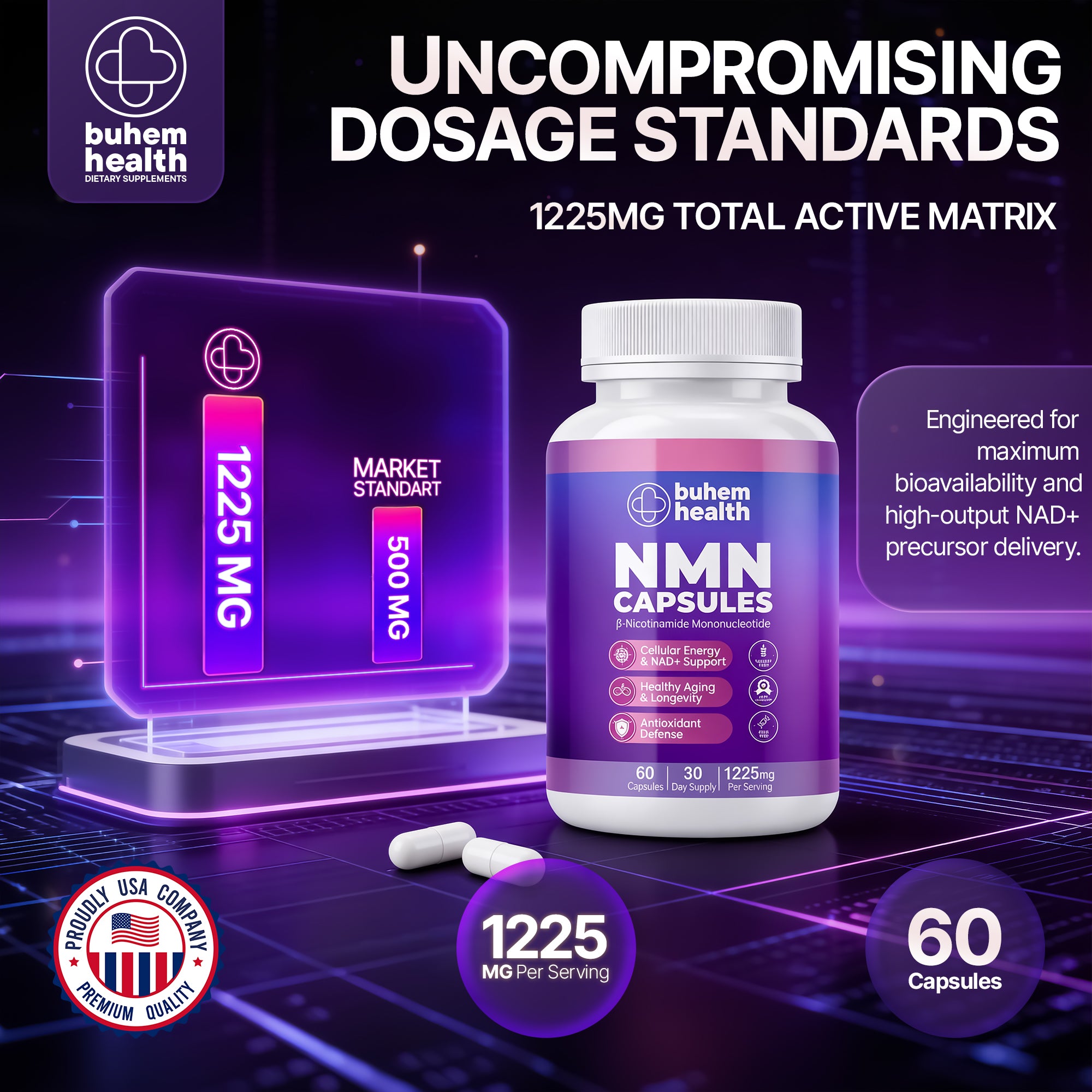 Buhem Health NMN Capsules with β-Nicotinamide Mononucleotide – 1225mg Per Serving | 60 Capsules | 30 Day Supply