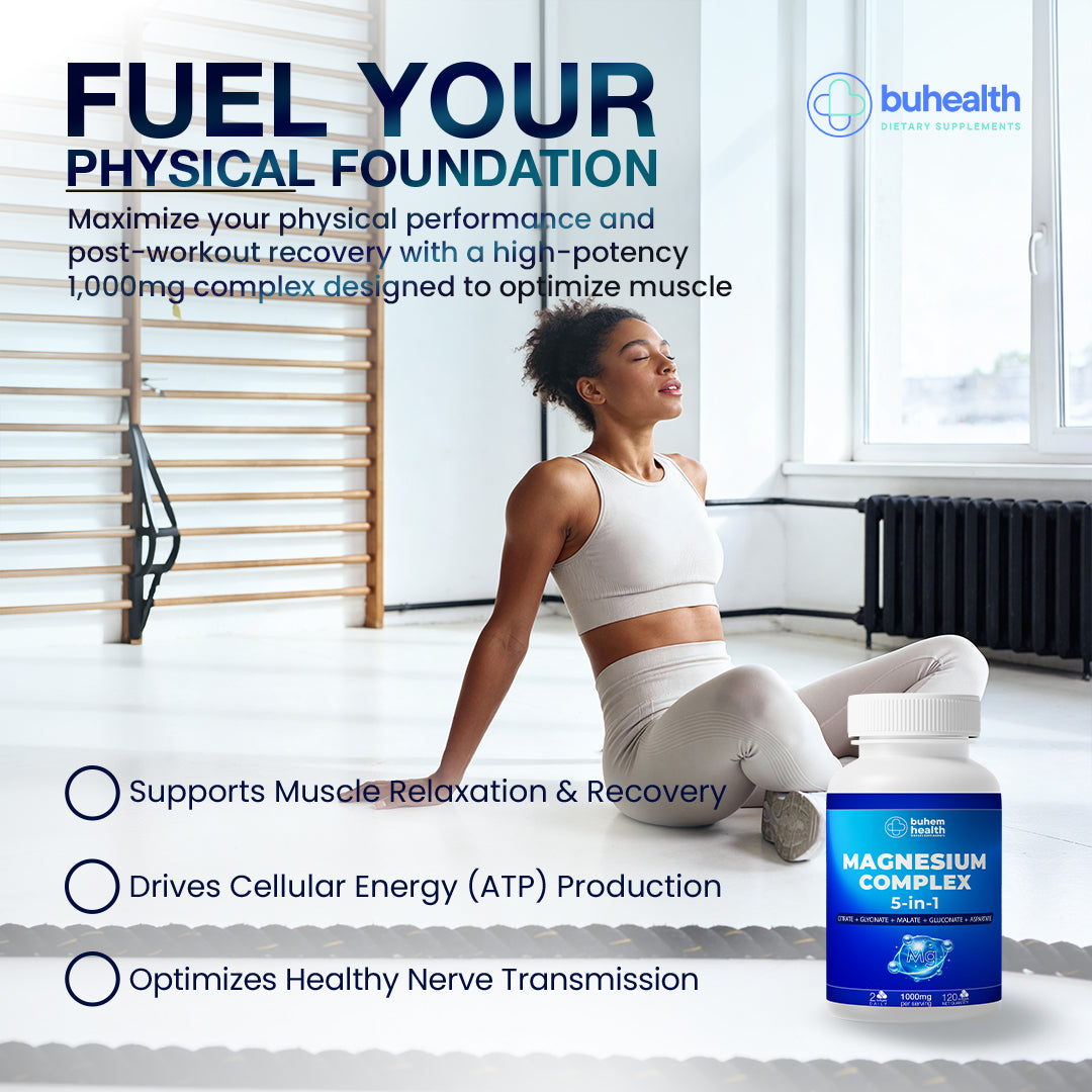 BUHEALTH Magnesium Complex with powerful blend of Magnesium Glycinate, Malate, Citrate, Gluconate, and Aspartate 5-in-1, 1000mg Serving, 120 Capsules