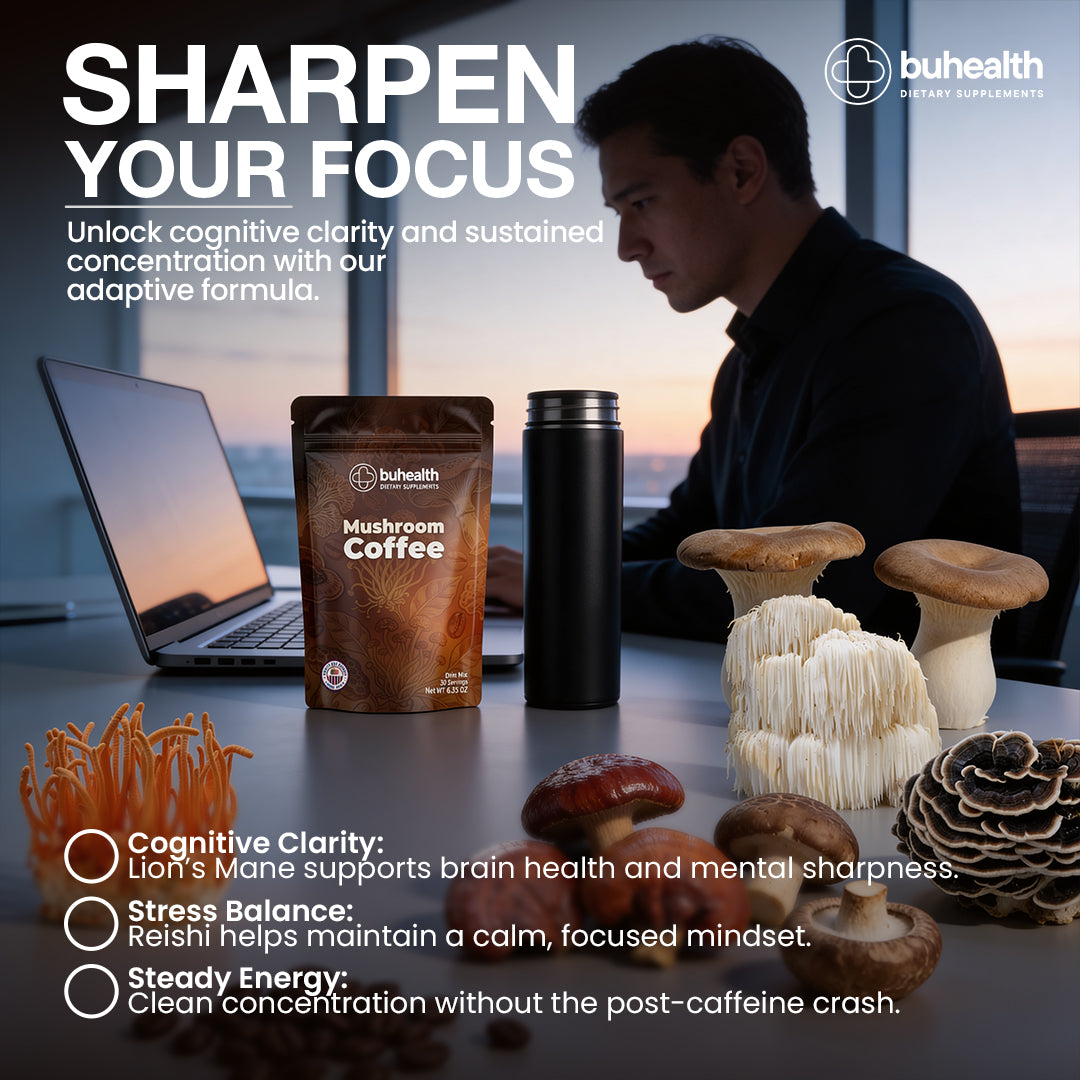 BuHealth Mushroom Medium Roast Coffee USDA Organic with 6 Adaptogenic Mushrooms, USA Grown Instant Coffee for Better Energy, Focus Digestion Immunity with Lions Mane & Turkey Tail 30 Servings