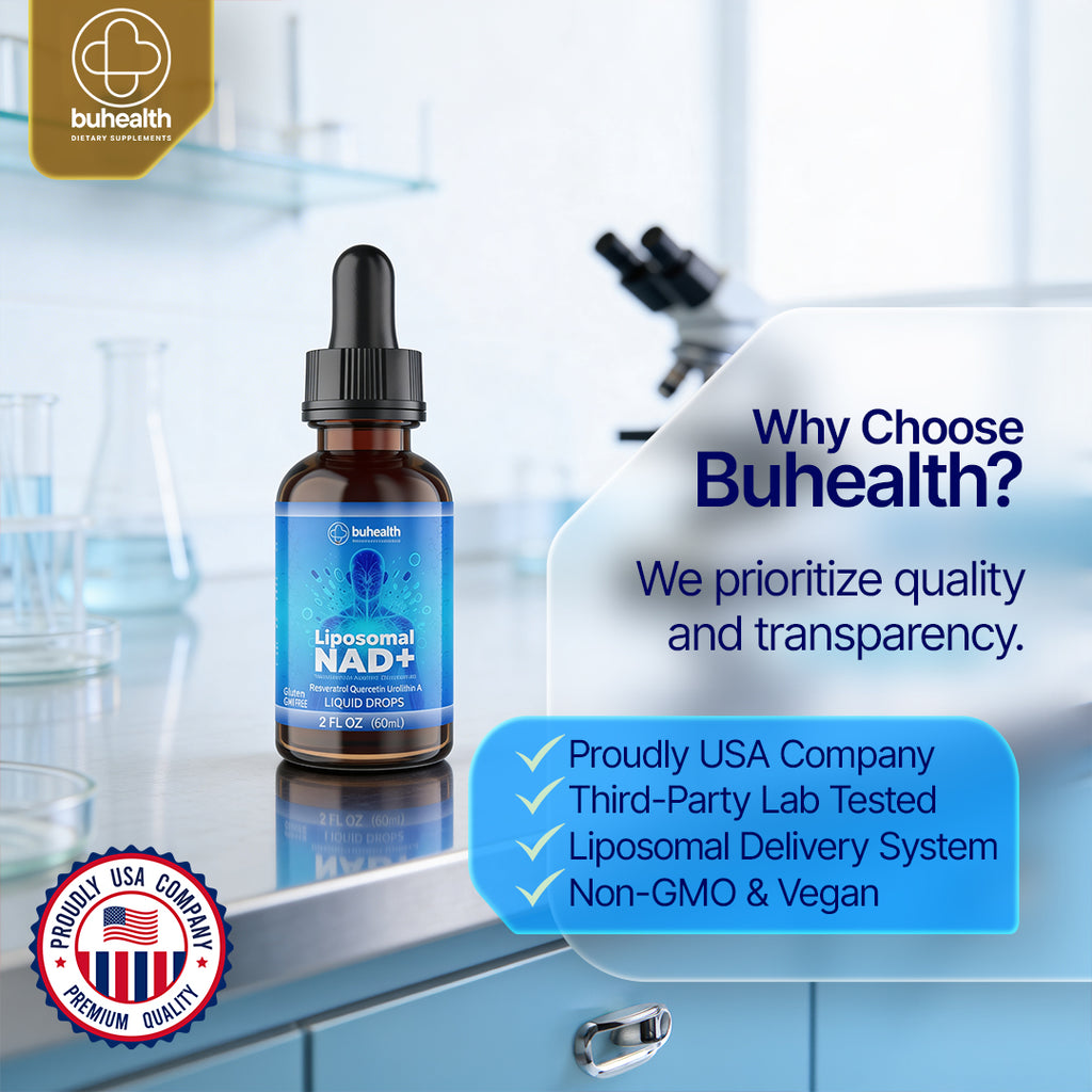 Buhealth Liposomal NAD+ Liquid Drops | Resveratrol, Quercetin & Urolithin A | 2 FL OZ (60ml) | Formaldehyde-Free, Alcohol-Free, Non-GMO