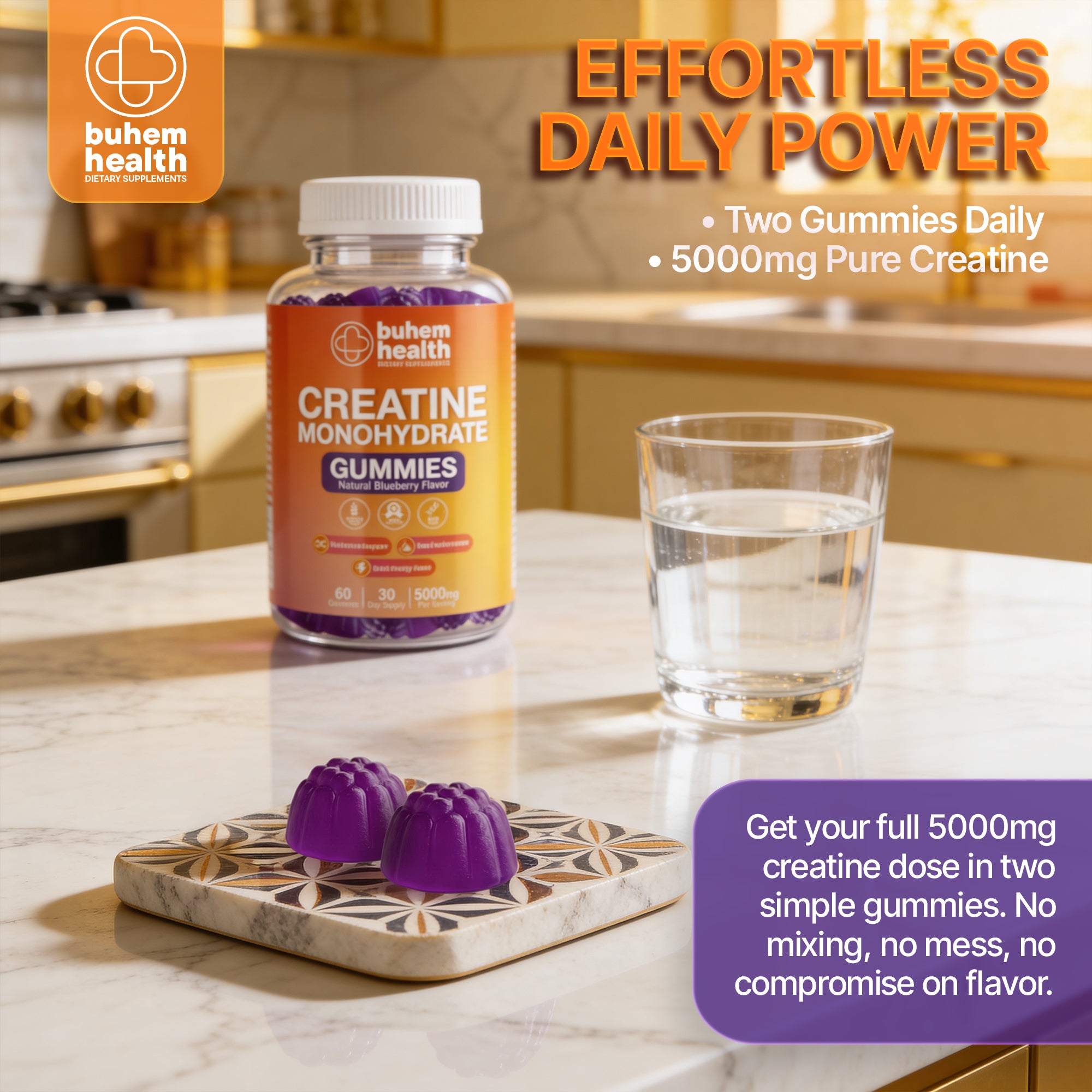 Buhem Health Creatine Monohydrate Gummies – Natural Blueberry Flavor | 5000mg Per Serving | 60 Gummies