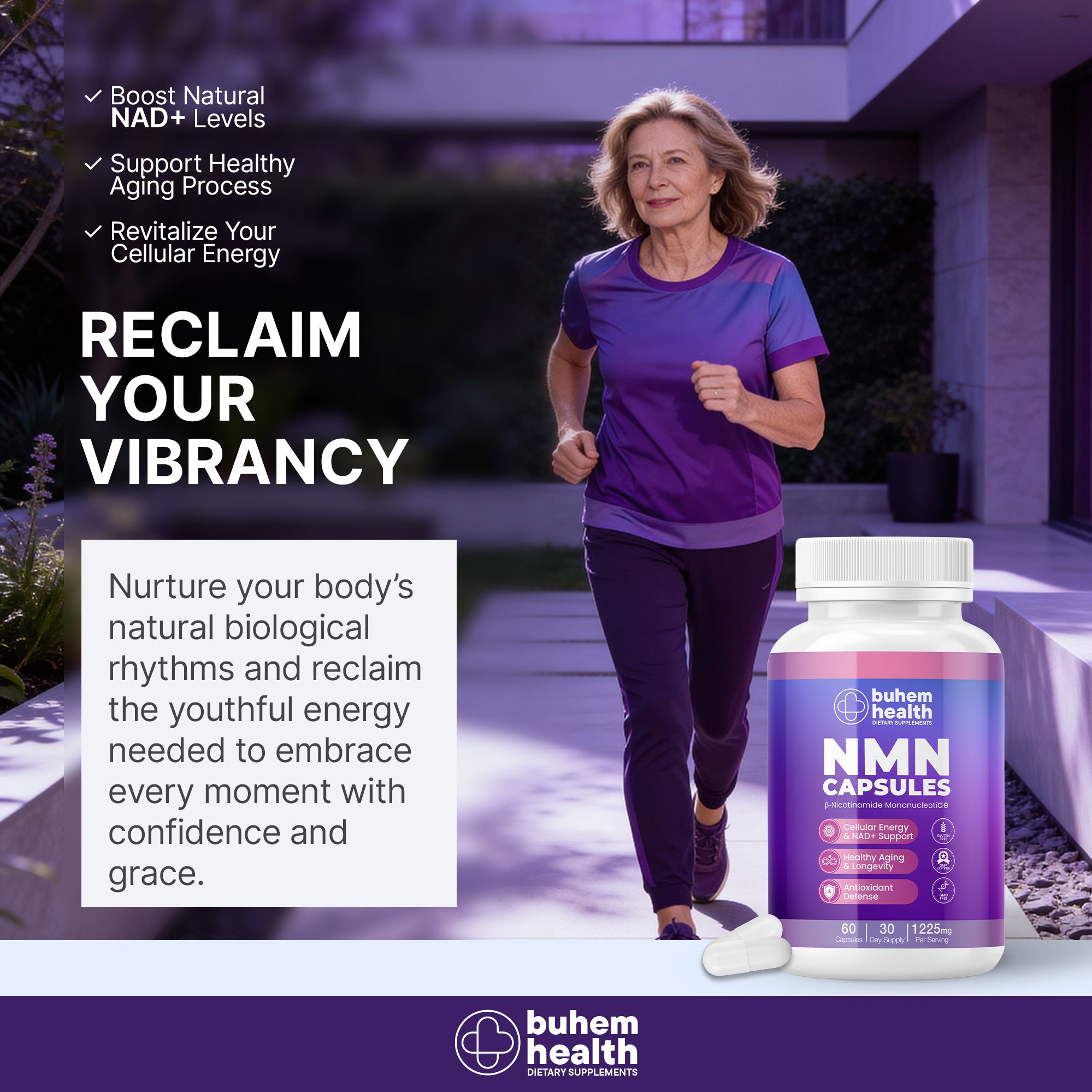 Buhem Health NMN Capsules with β-Nicotinamide Mononucleotide – 1225mg Per Serving | 60 Capsules | 30 Day Supply