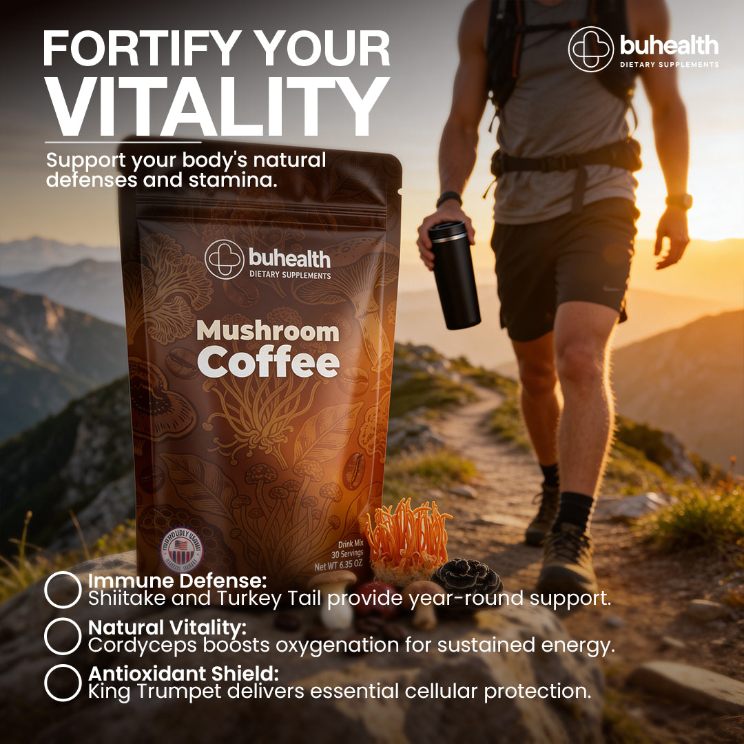 BuHealth Mushroom Medium Roast Coffee USDA Organic with 6 Adaptogenic Mushrooms, USA Grown Instant Coffee for Better Energy, Focus Digestion Immunity with Lions Mane & Turkey Tail 30 Servings