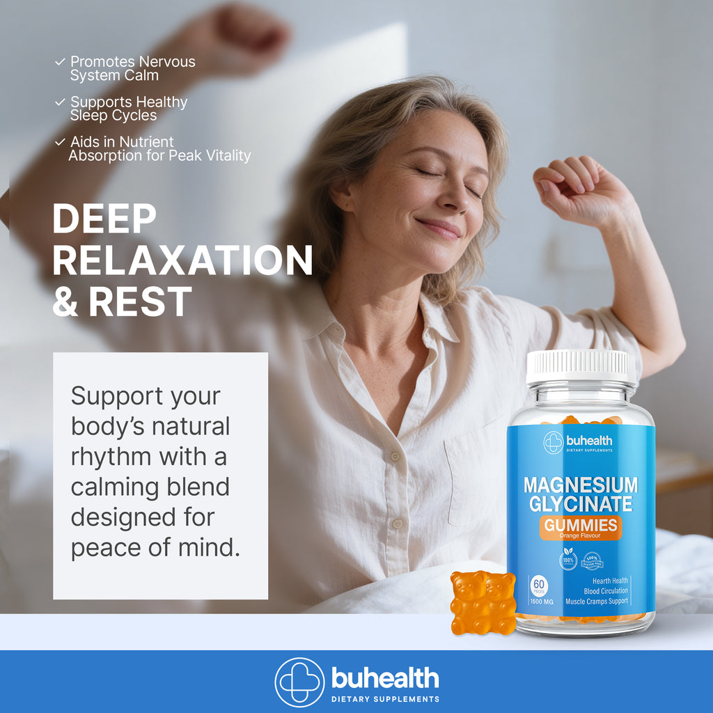 BUHEALTH Magnesium Glycinate Gummies – Orange Flavor, 1600mg