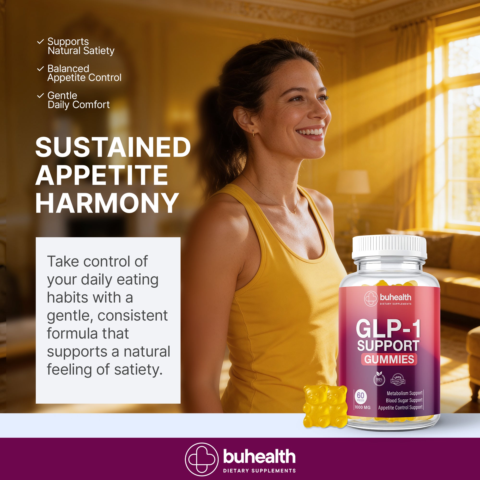 BUHEALTH GLP-1 Support Gummies – Metabolism & Appetite Support, Gluten-Free, 60 Count (1000 mg)