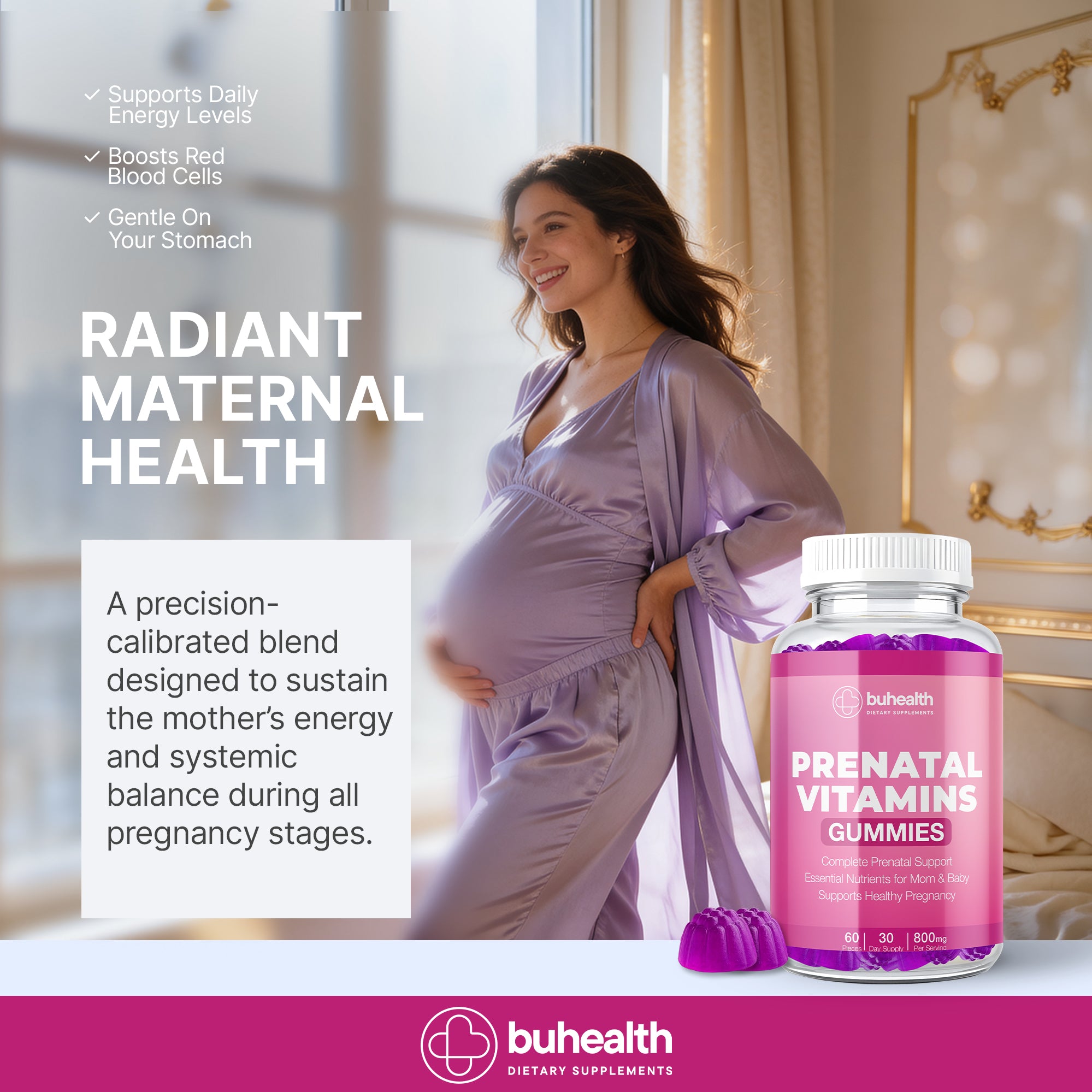 BUHEALTH Prenatal Vitamin Gummies – Complete Prenatal Support, Mom & Baby Wellness, 60 Count (30 Day Supply, 800 mg)