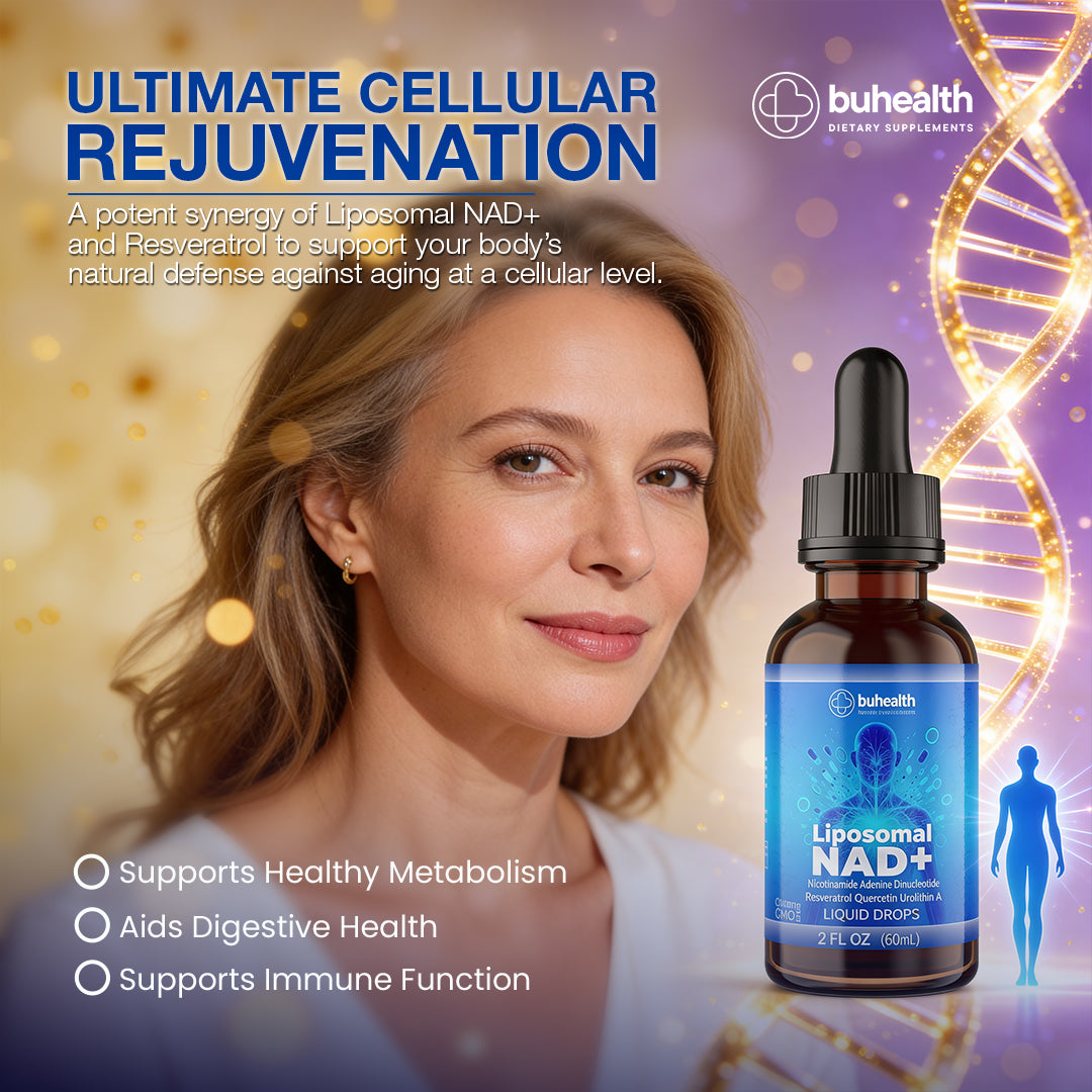 Buhealth Liposomal NAD+ Liquid Drops | Resveratrol, Quercetin & Urolithin A | 2 FL OZ (60ml) | Formaldehyde-Free, Alcohol-Free, Non-GMO