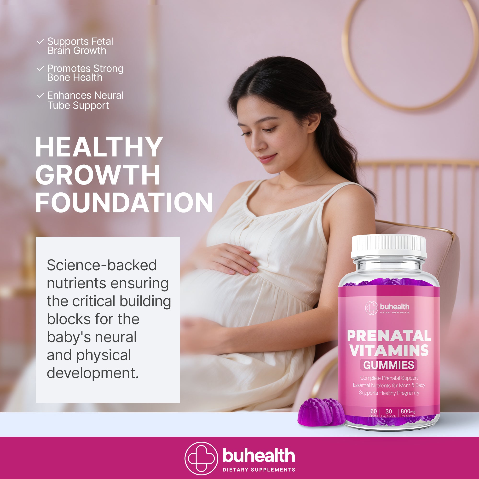 BUHEALTH Prenatal Vitamin Gummies – Complete Prenatal Support, Mom & Baby Wellness, 60 Count (30 Day Supply, 800 mg)
