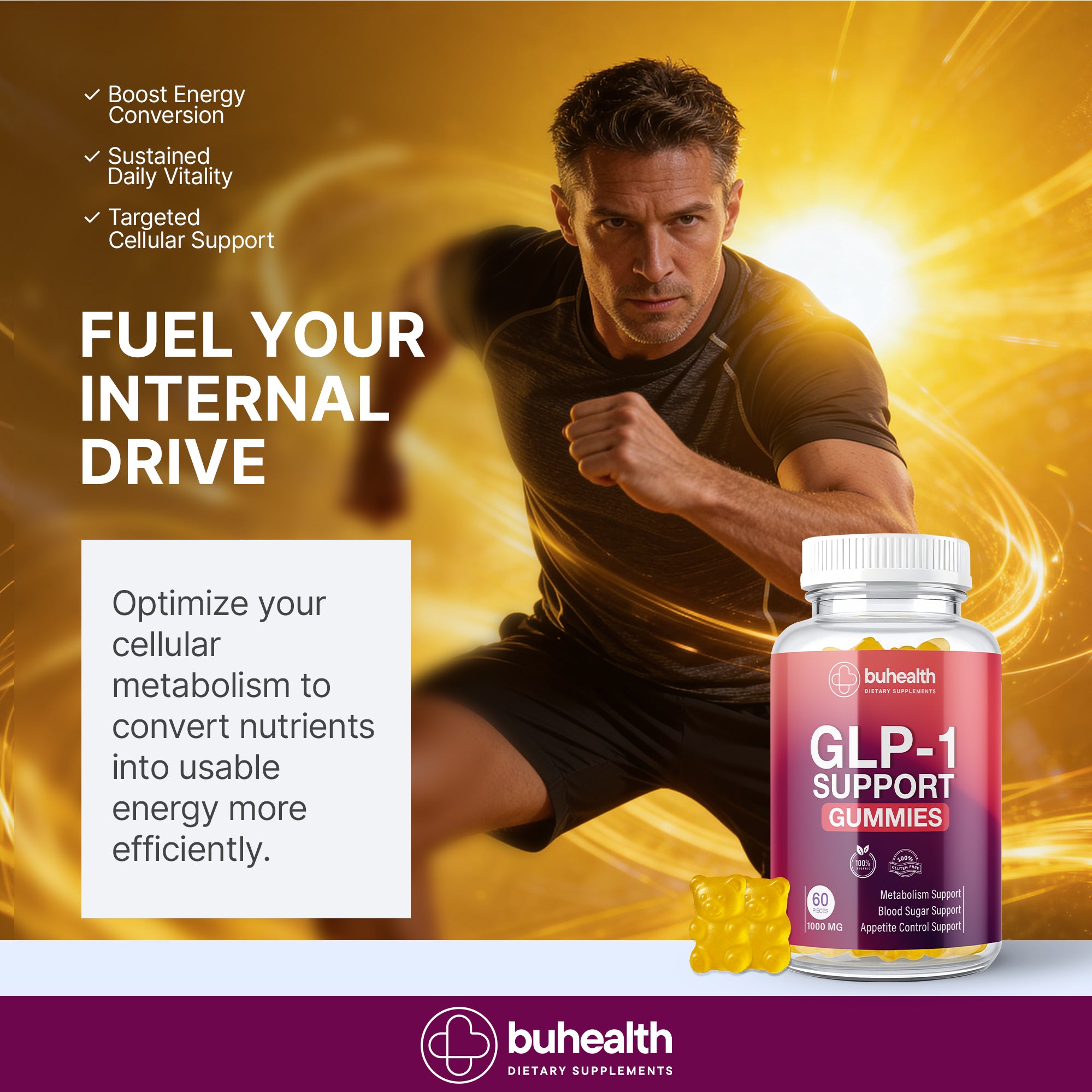 BUHEALTH GLP-1 Support Gummies – Metabolism & Appetite Support, Gluten-Free, 60 Count (1000 mg)