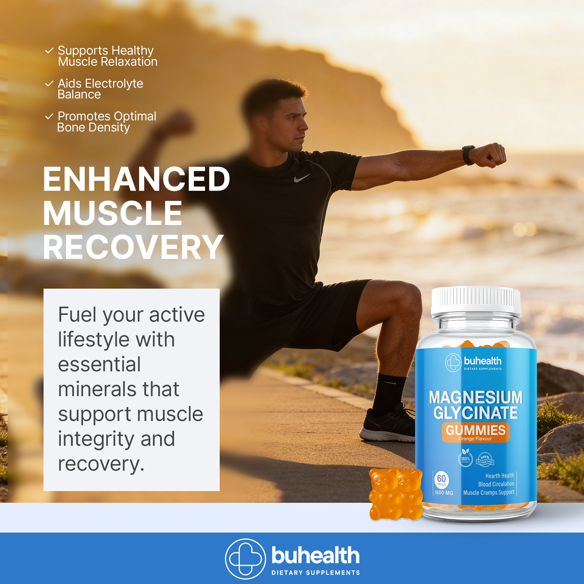 BUHEALTH Magnesium Glycinate Gummies – Orange Flavor, 1600mg