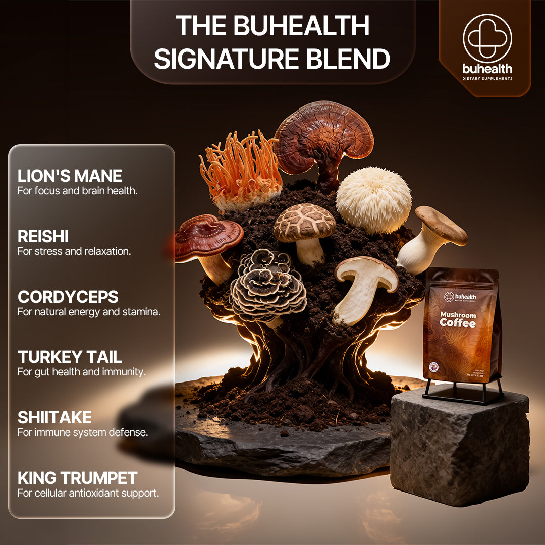 BuHealth Mushroom Medium Roast Coffee USDA Organic with 6 Adaptogenic Mushrooms, USA Grown Instant Coffee for Better Energy, Focus Digestion Immunity with Lions Mane & Turkey Tail 30 Servings
