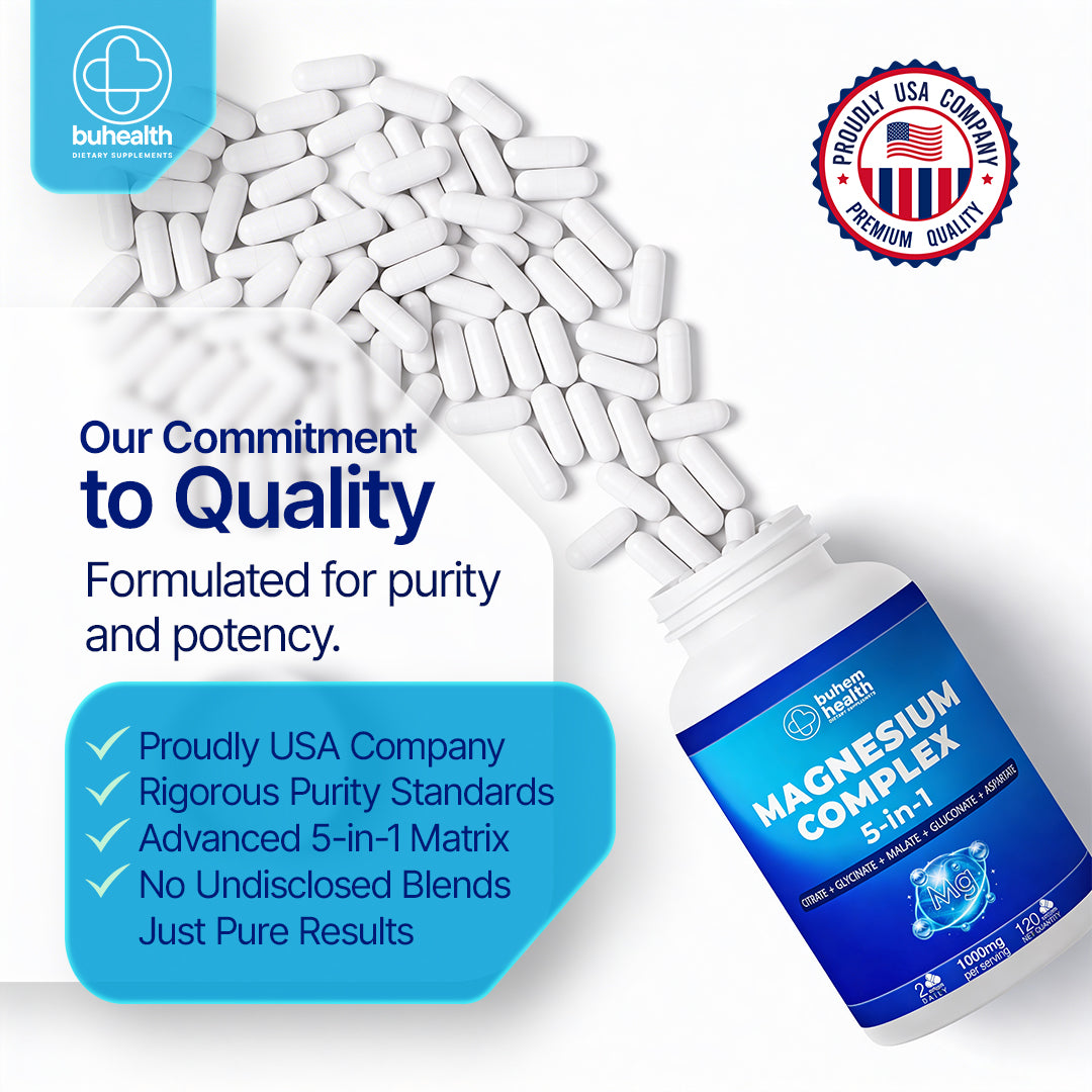BUHEALTH Magnesium Complex with powerful blend of Magnesium Glycinate, Malate, Citrate, Gluconate, and Aspartate 5-in-1, 1000mg Serving, 120 Capsules
