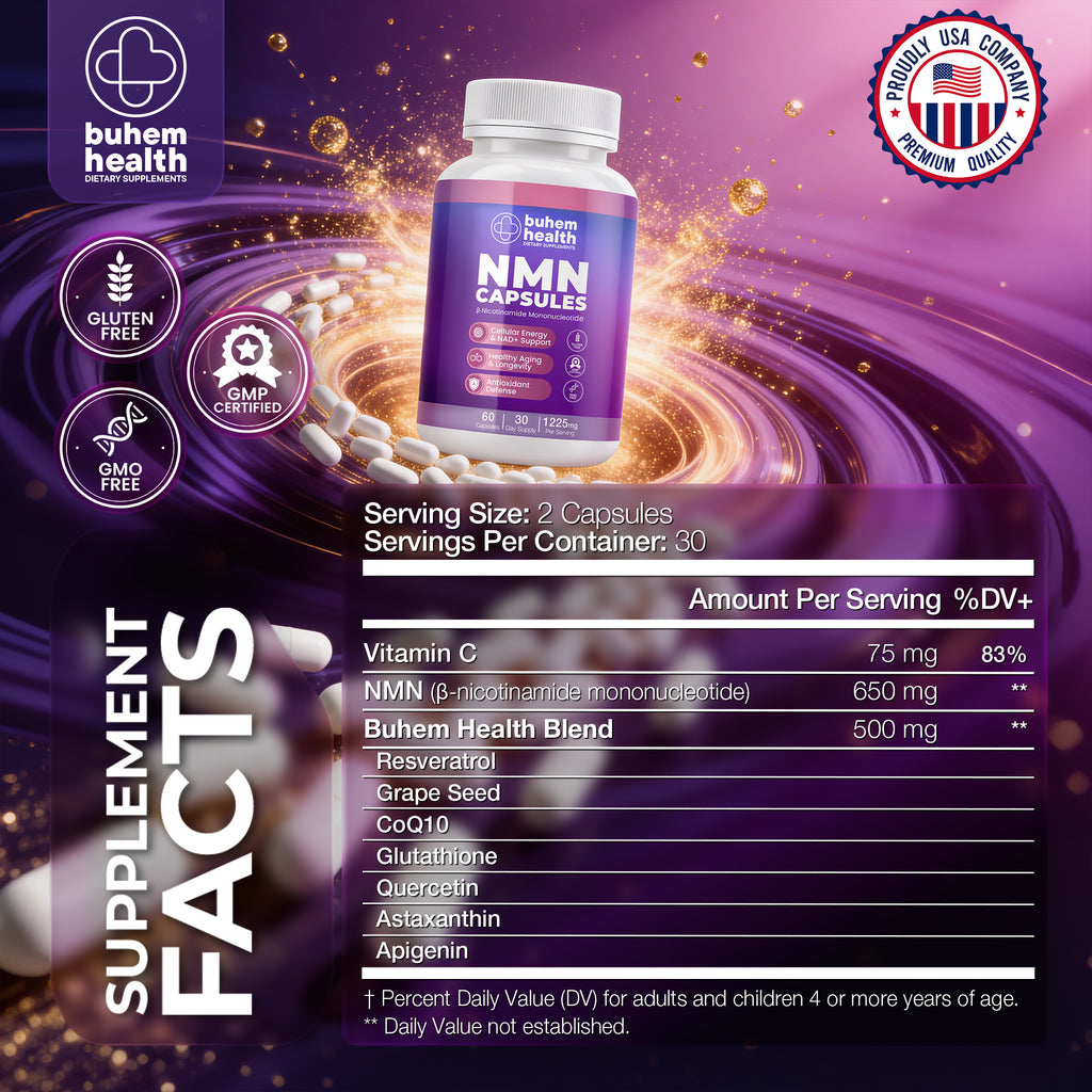 Buhem Health NMN Capsules with β-Nicotinamide Mononucleotide – 1225mg Per Serving | 60 Capsules | 30 Day Supply