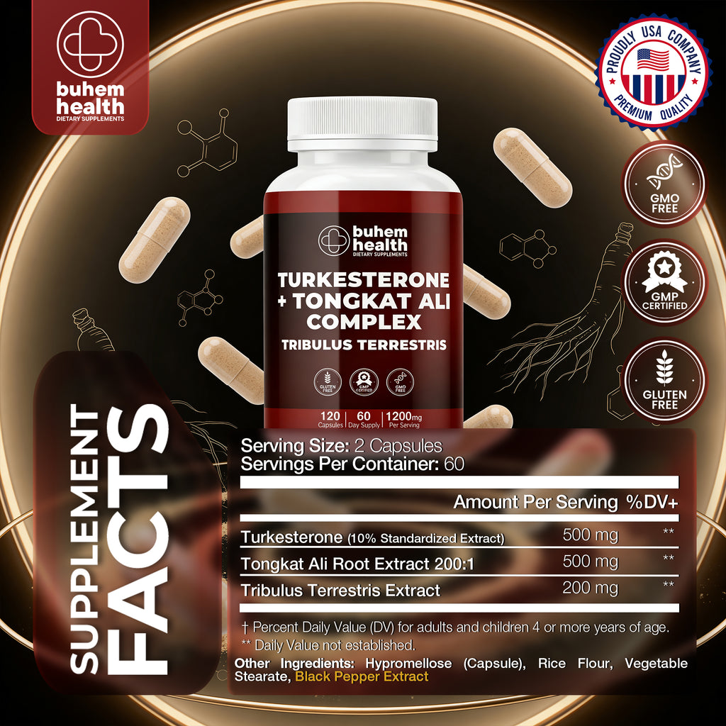 Buhem Health Turkesterone + Tongkat Ali Complex with Tribulus Terrestris – 120 Capsules | 1200mg Per Serving