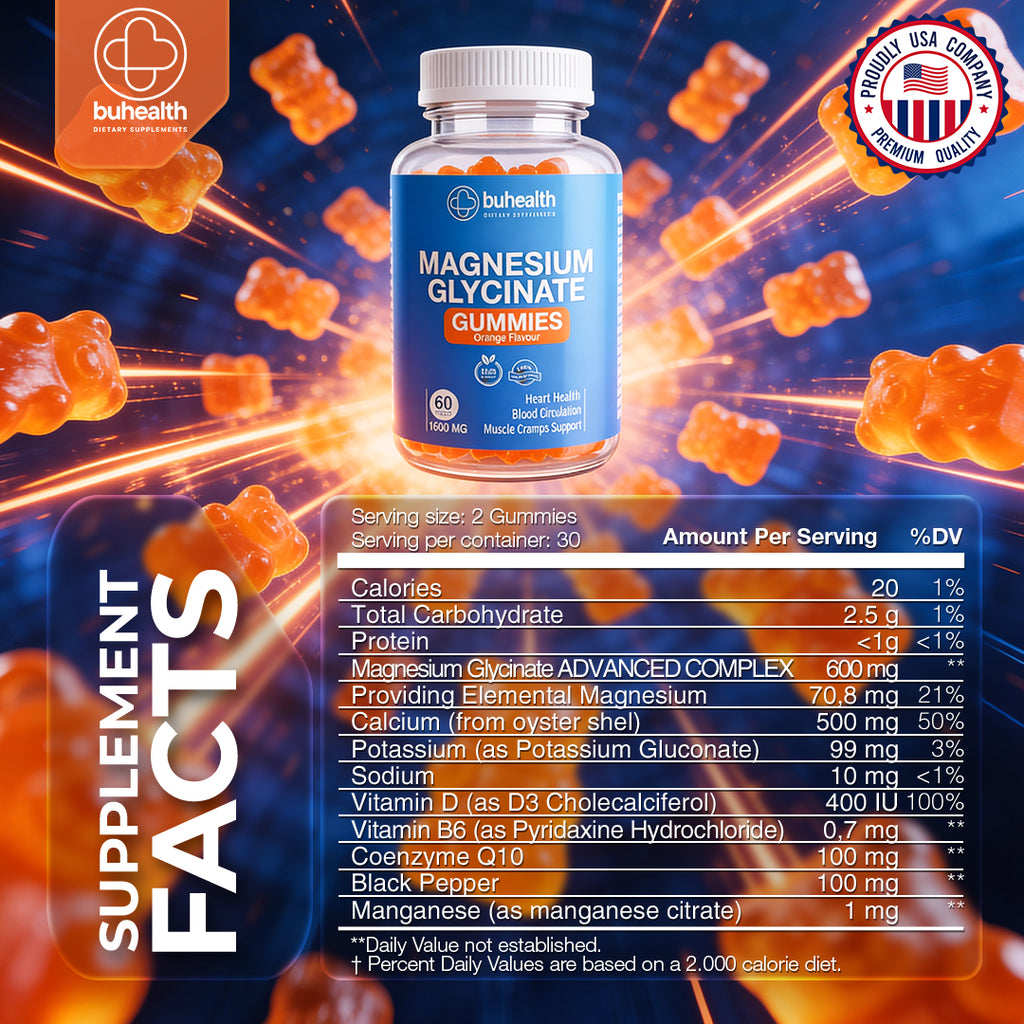 BUHEALTH Magnesium Glycinate Gummies – Orange Flavor, 1600mg