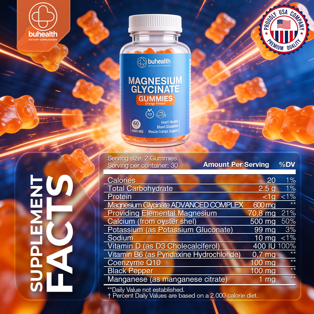 BUHEALTH Magnesium Glycinate Gummies – Orange Flavor, 1600mg