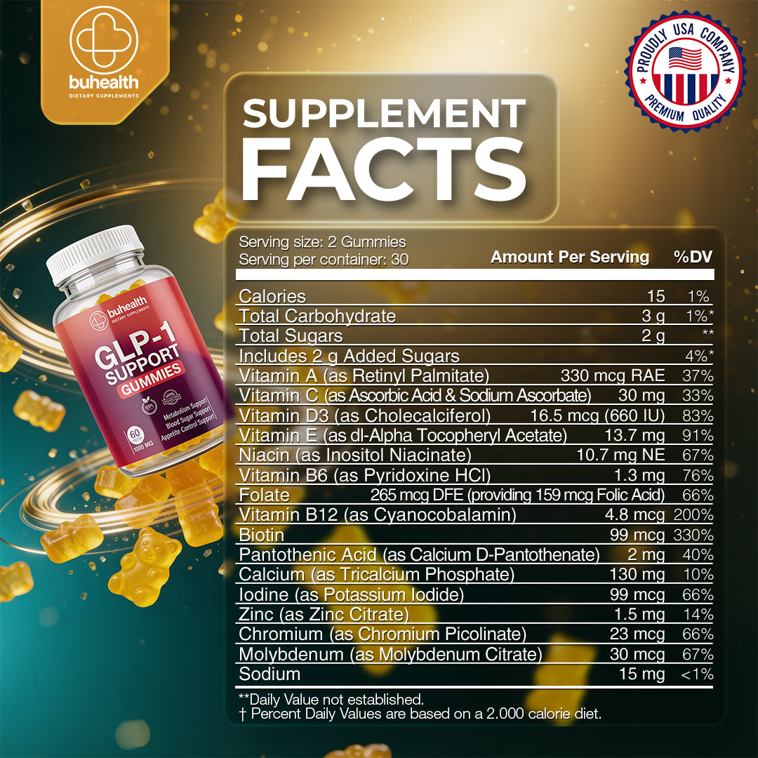 BUHEALTH GLP-1 Support Gummies – Metabolism & Appetite Support, Gluten-Free, 60 Count (1000 mg)
