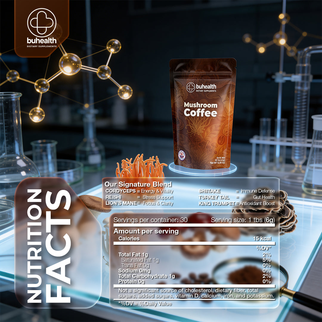 BuHealth Mushroom Medium Roast Coffee USDA Organic with 6 Adaptogenic Mushrooms, USA Grown Instant Coffee for Better Energy, Focus Digestion Immunity with Lions Mane & Turkey Tail 30 Servings