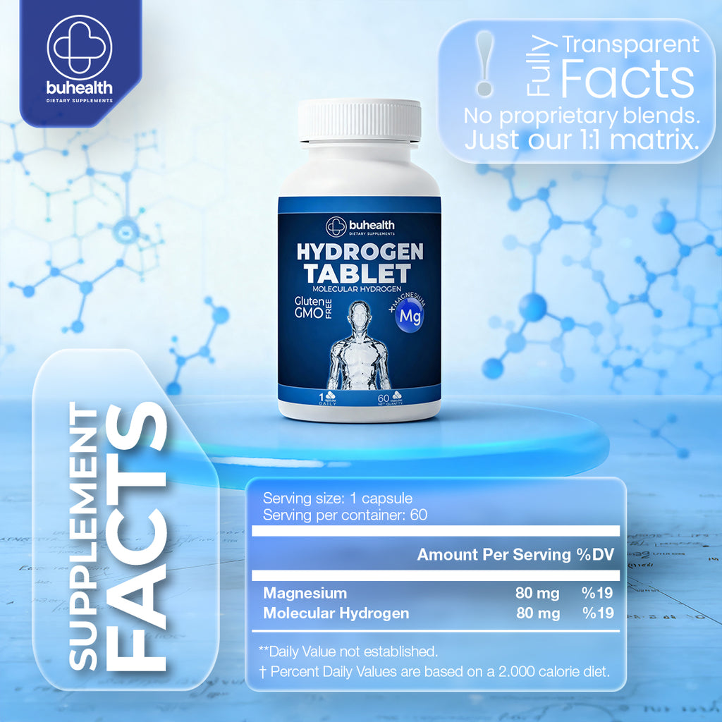 BUHEALTH Hydrogen Tablets – Molecular Hydrogen + Magnesium – 60 Tablets – 80mg