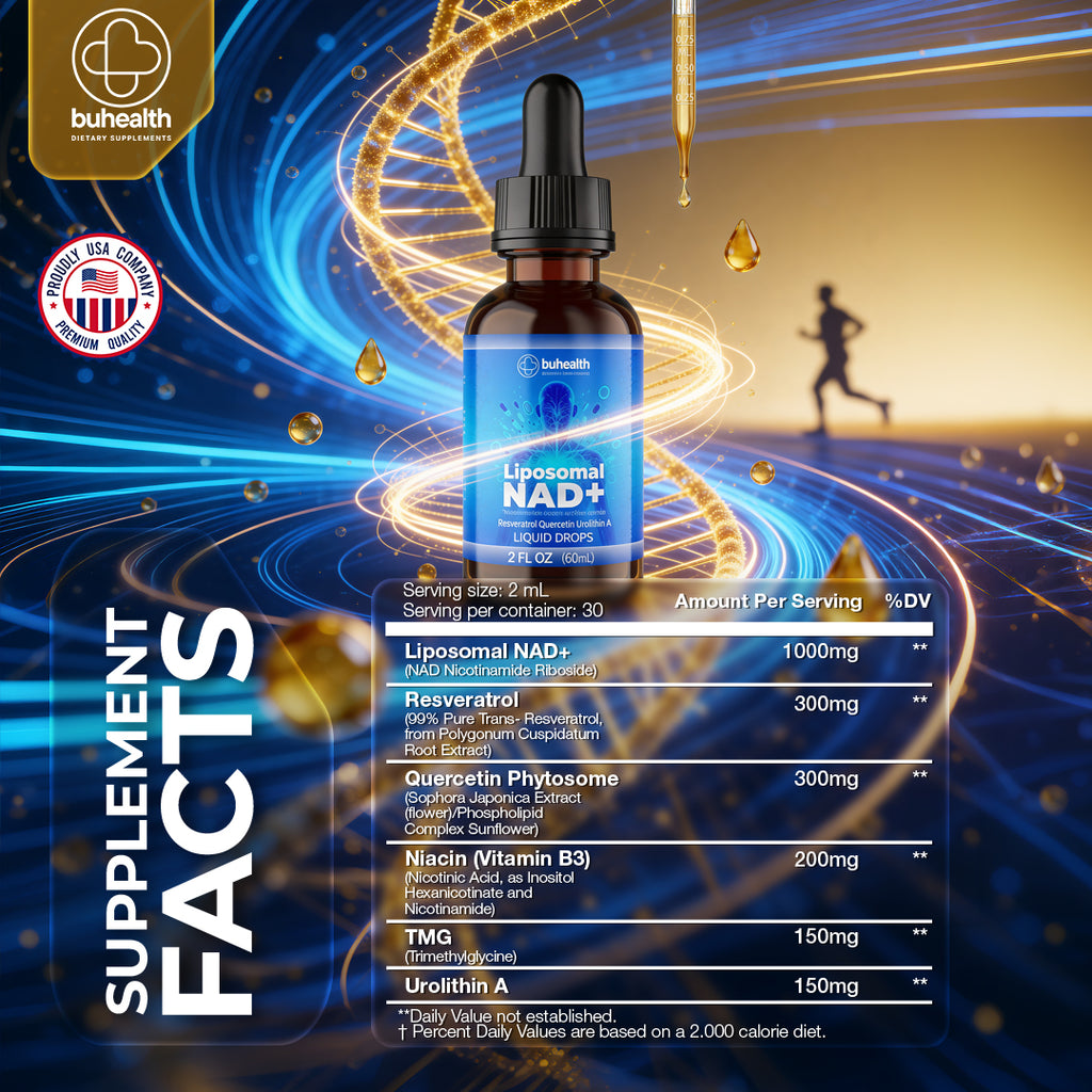 Buhealth Liposomal NAD+ Liquid Drops | Resveratrol, Quercetin & Urolithin A | 2 FL OZ (60ml) | Formaldehyde-Free, Alcohol-Free, Non-GMO