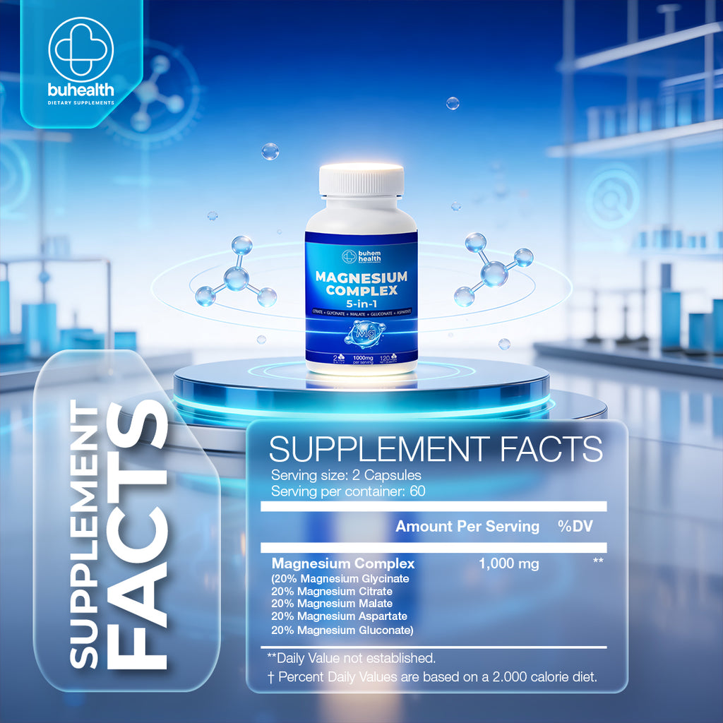 BUHEALTH Magnesium Complex with powerful blend of Magnesium Glycinate, Malate, Citrate, Gluconate, and Aspartate 5-in-1, 1000mg Serving, 120 Capsules