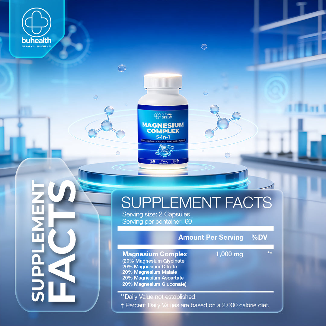 BUHEALTH Magnesium Complex with powerful blend of Magnesium Glycinate, Malate, Citrate, Gluconate, and Aspartate 5-in-1, 1000mg Serving, 120 Capsules