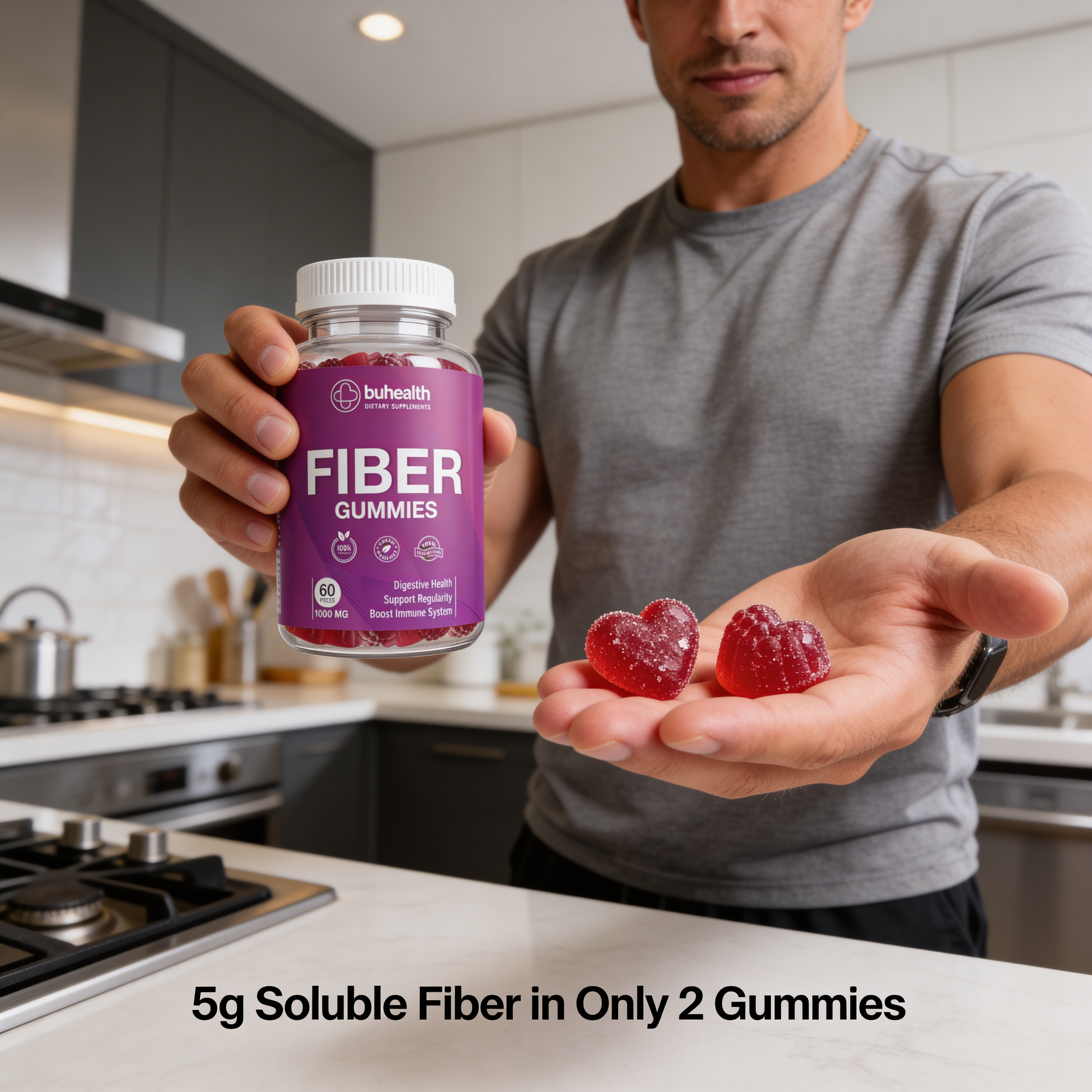 BuHealth Fiber Gummies 1000 mg – 60 Vegan Gummies – Digestive Health Support – Supports Regularity, Gut Wellness & Daily Fiber Supplement – Gluten Free, Natural Berry Flavor