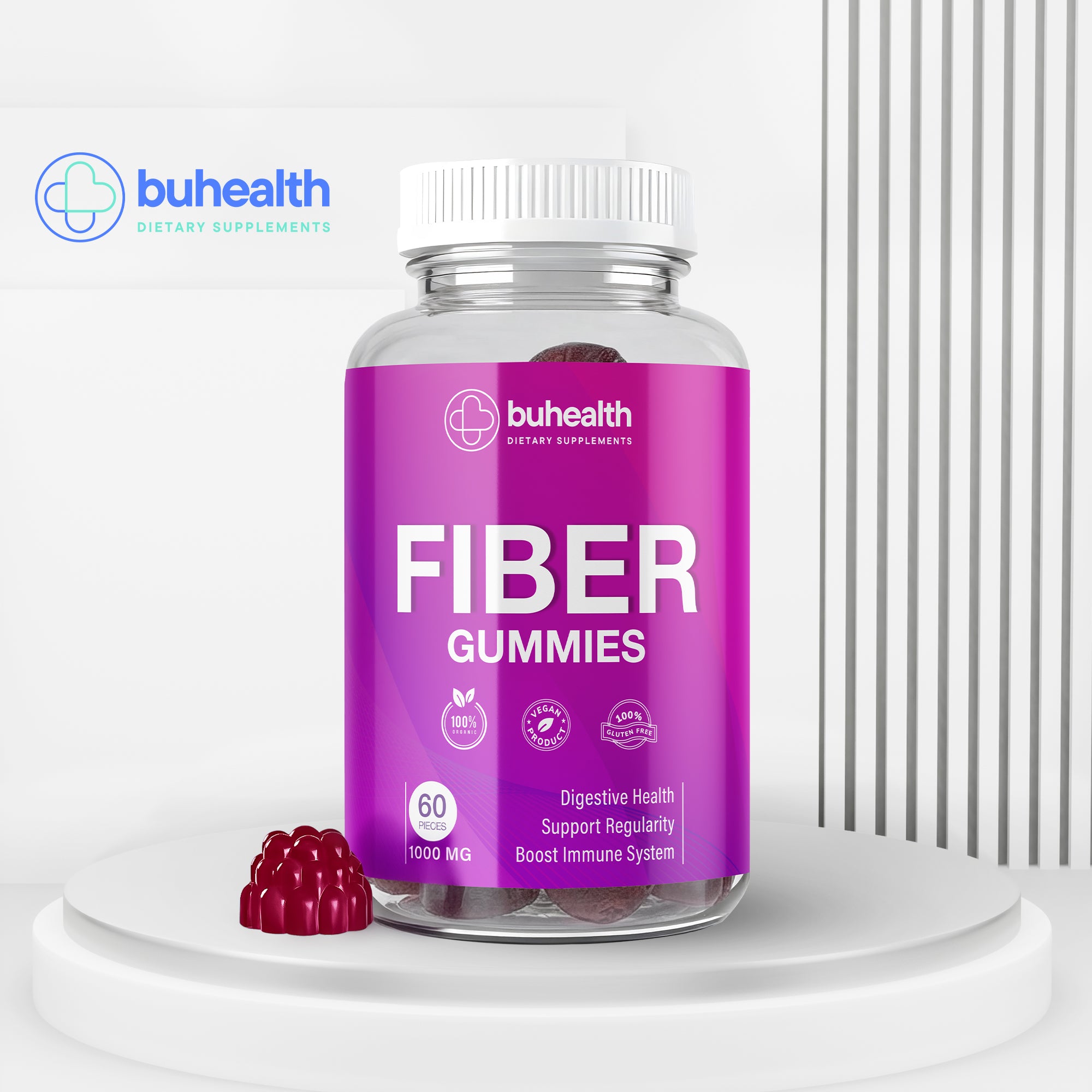 BuHealth Fiber Gummies 1000 mg – 60 Vegan Gummies – Digestive Health Support – Supports Regularity, Gut Wellness & Daily Fiber Supplement – Gluten Free, Natural Berry Flavor