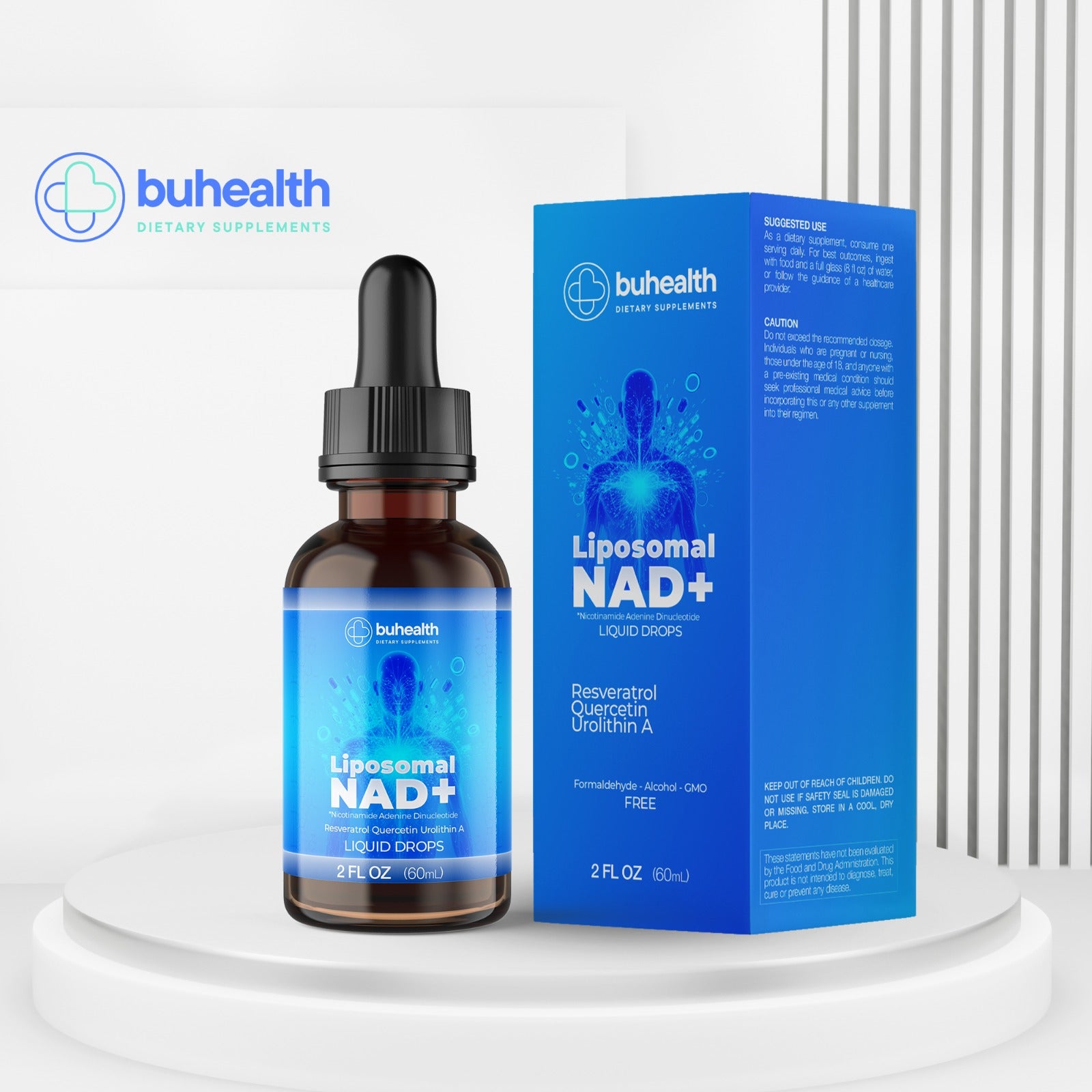 Buhealth Liposomal NAD+ Liquid Drops | Resveratrol, Quercetin & Urolithin A | 2 FL OZ (60ml) | Formaldehyde-Free, Alcohol-Free, Non-GMO