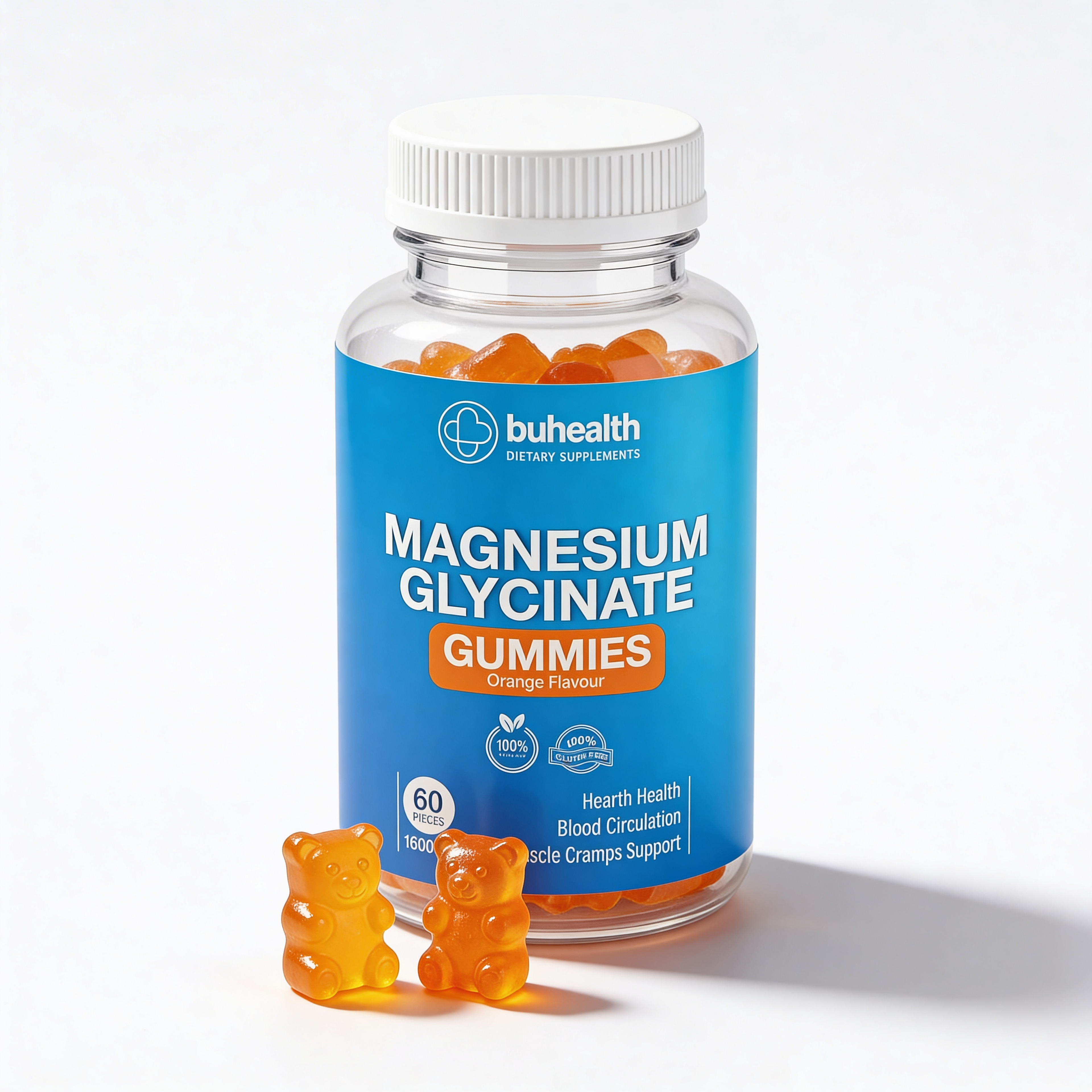 BUHEALTH Magnesium Glycinate Gummies – Orange Flavor, 1600mg