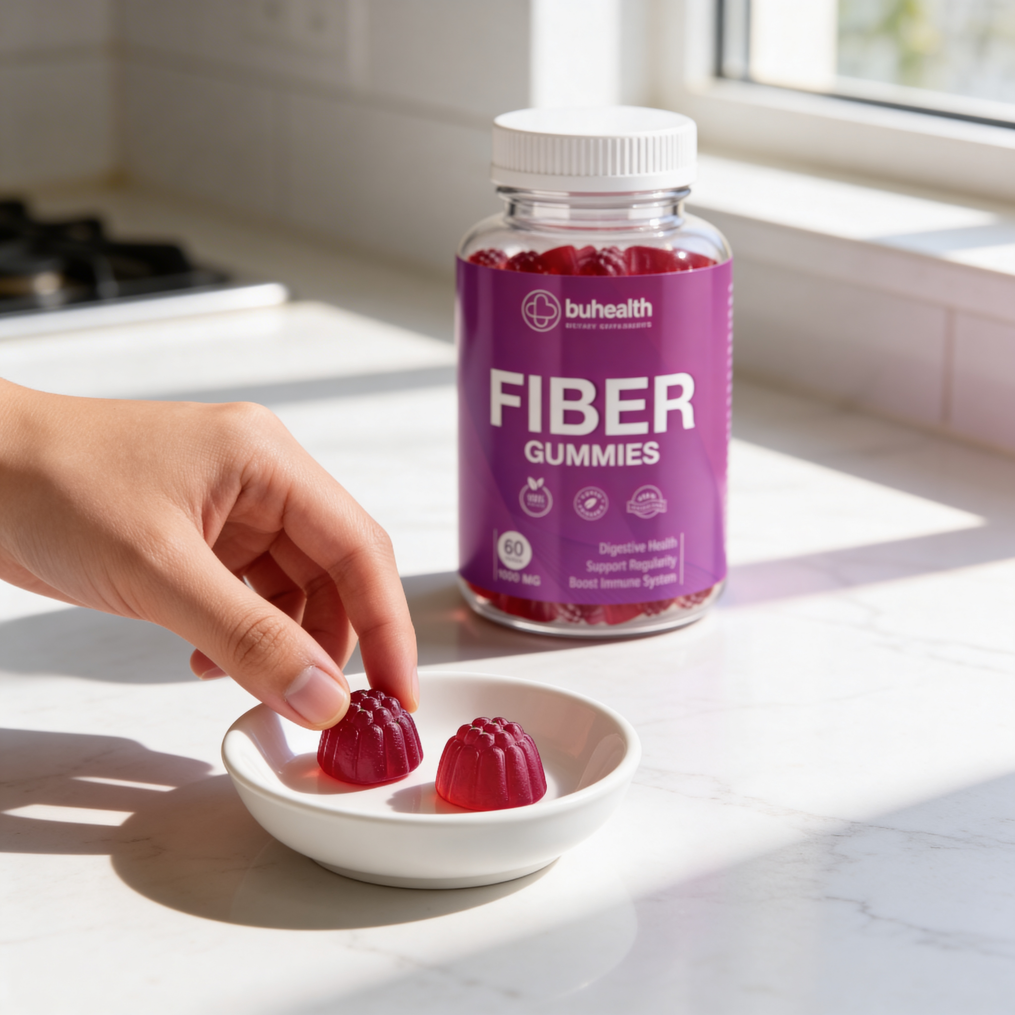 BuHealth Fiber Gummies 1000 mg – 60 Vegan Gummies – Digestive Health Support – Supports Regularity, Gut Wellness & Daily Fiber Supplement – Gluten Free, Natural Berry Flavor